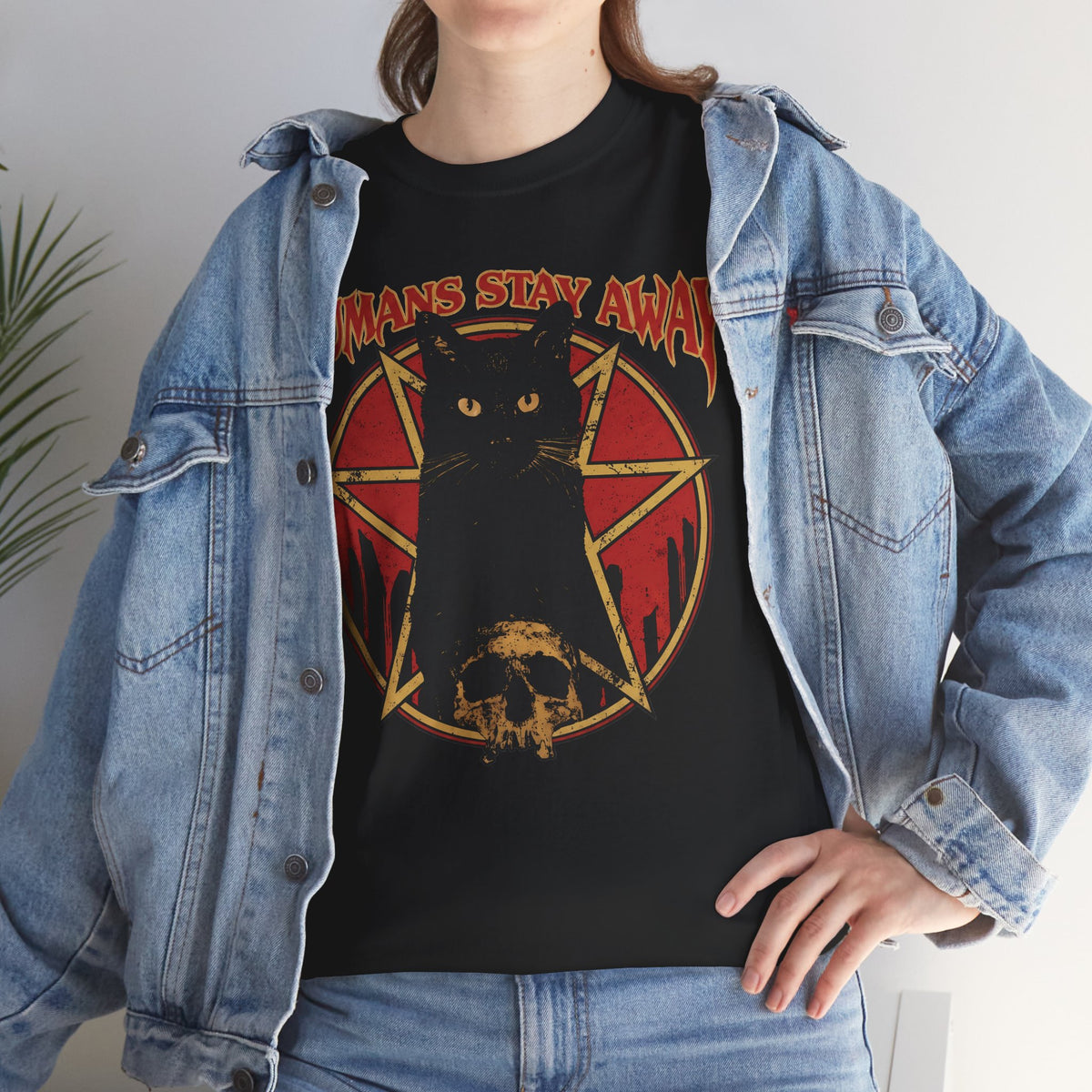 Humans Stay Away Black Cat T-Shirt — Heavy Metal Occult Pentagram Tee