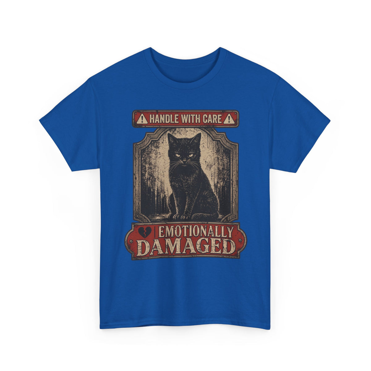 Emotionally Damaged Cat T-Shirt – "Handle With Care" Vintage Black Tee