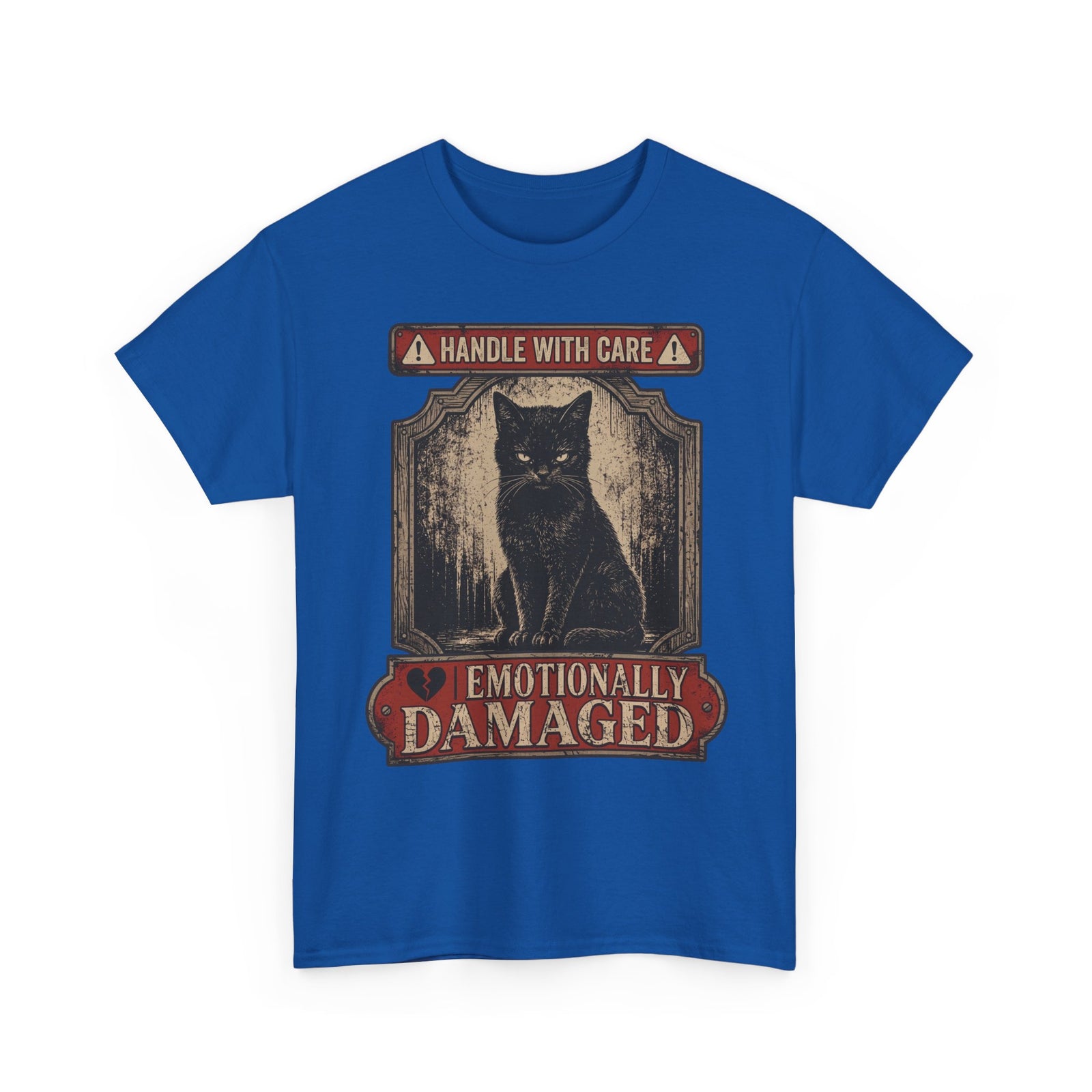 Emotionally Damaged Cat T-Shirt – "Handle With Care" Vintage Black Tee