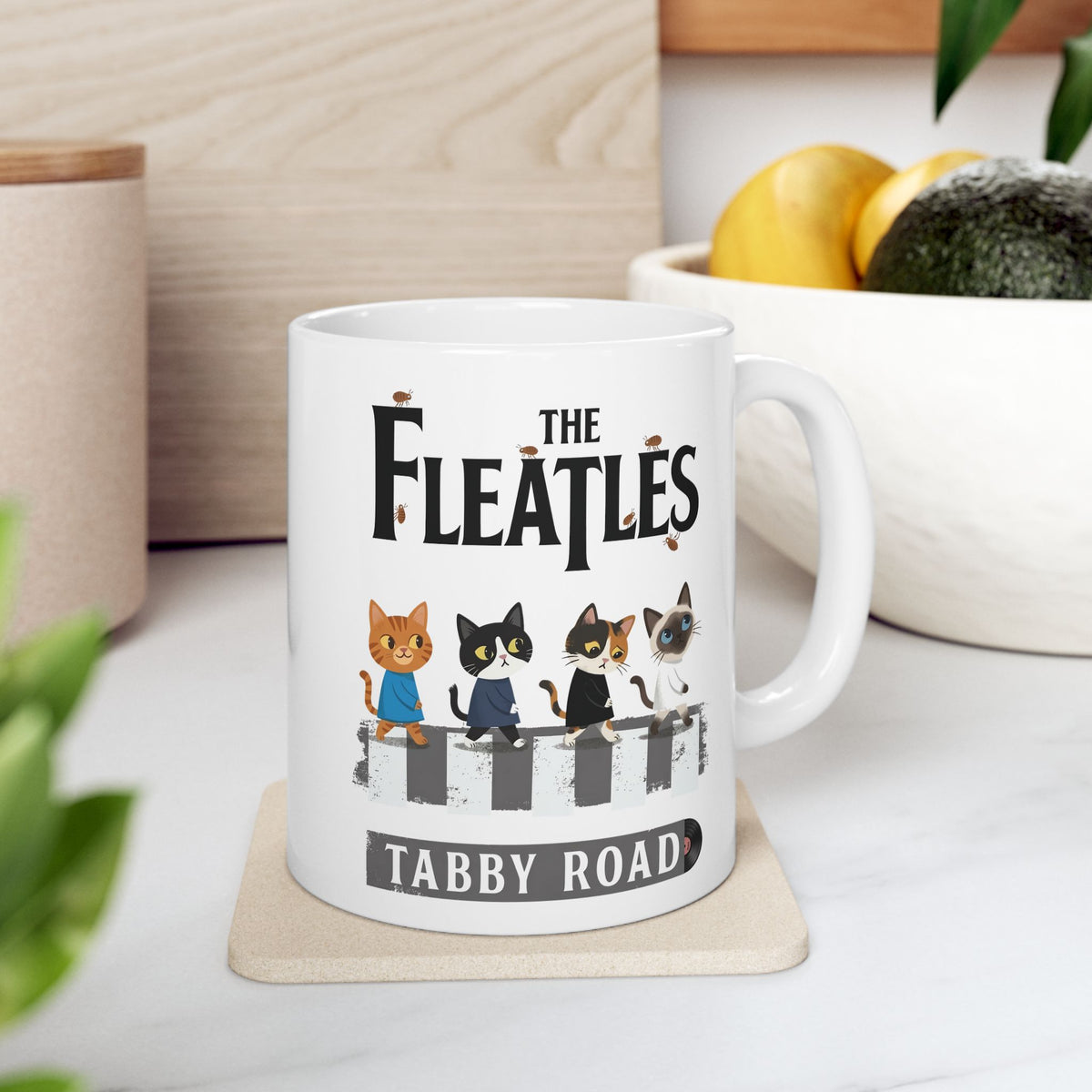 Fleatles Parody Cat Ceramic Mug — Retro Beatles-Inspired Cat Band Mug