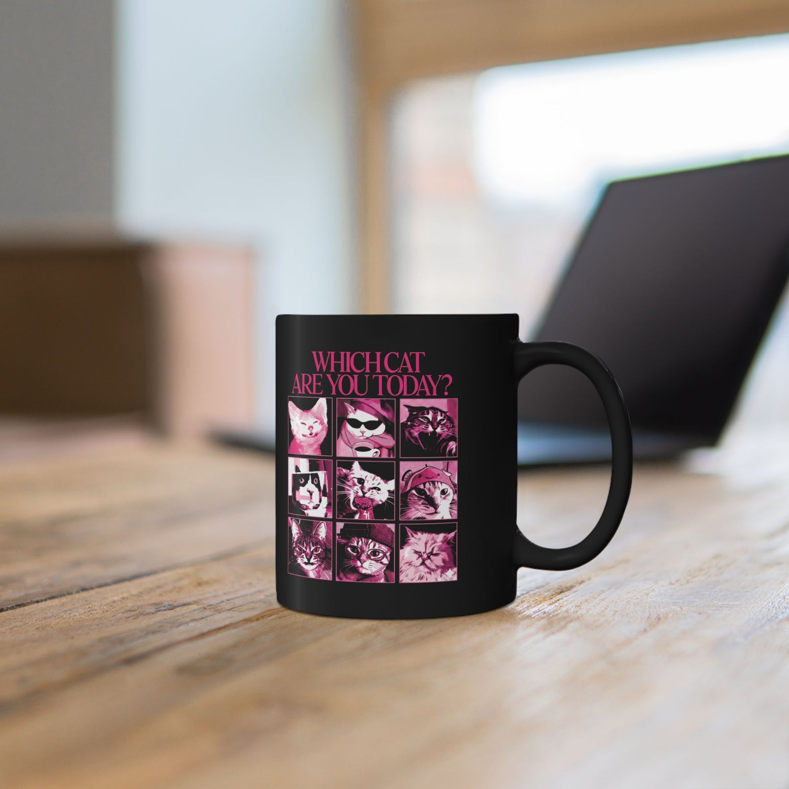 Cat Mood Chart Black Mug — Pink Pop Art Feline Expressions Graphic