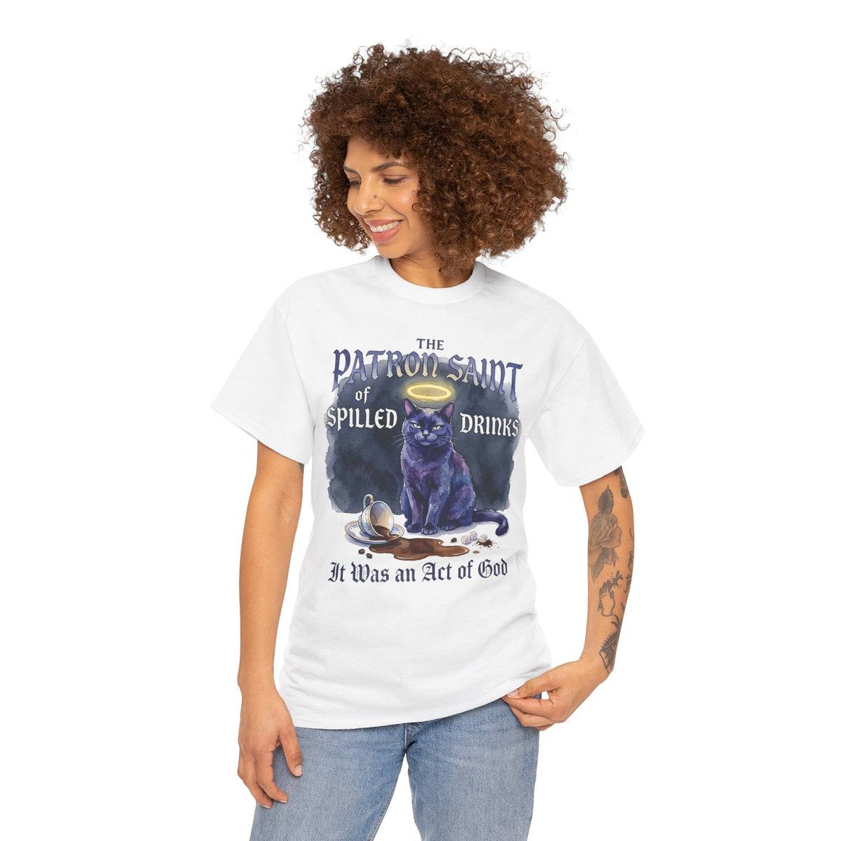 Saint of Spilled Drinks Cat T-Shirt — "It Was an Act of God" Humor Tee