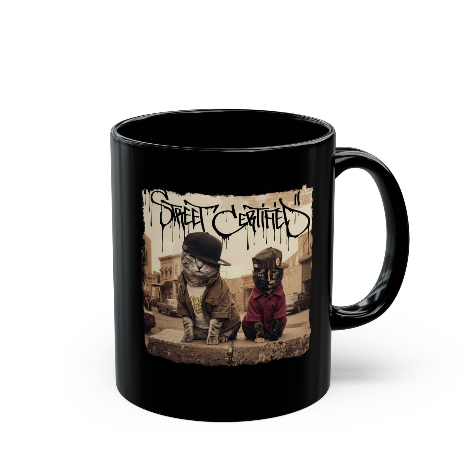 Funny Streetwear Cats "Street Certified" Retro Graphic Mug