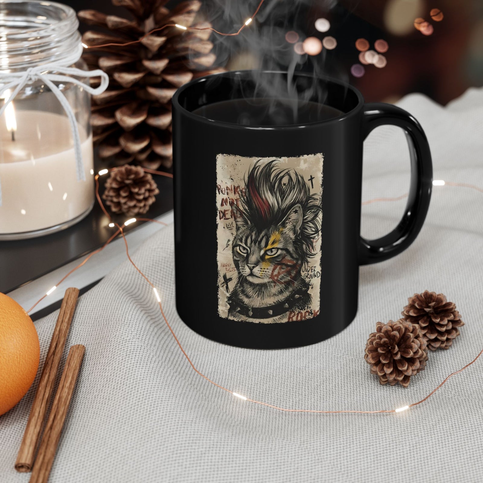 Punks Not Dead Cat Black Mug — Edgy Mohawk Anarchy Feline Graphic