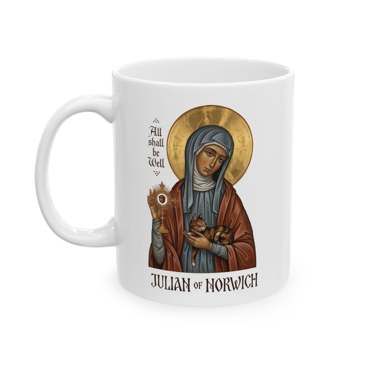 Julian of Norwich &amp; Cat Ceramic Mug — Spiritual Saint Mug for Cat Lovers