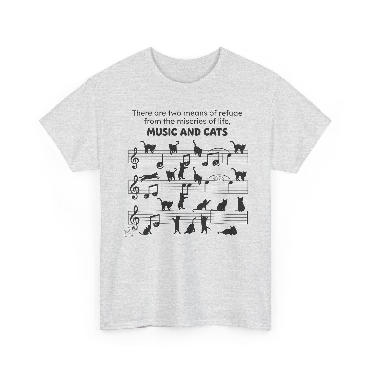 Music and Cats T-Shirt — Graphic Tee with Musical Score and Cat Silhouettes
