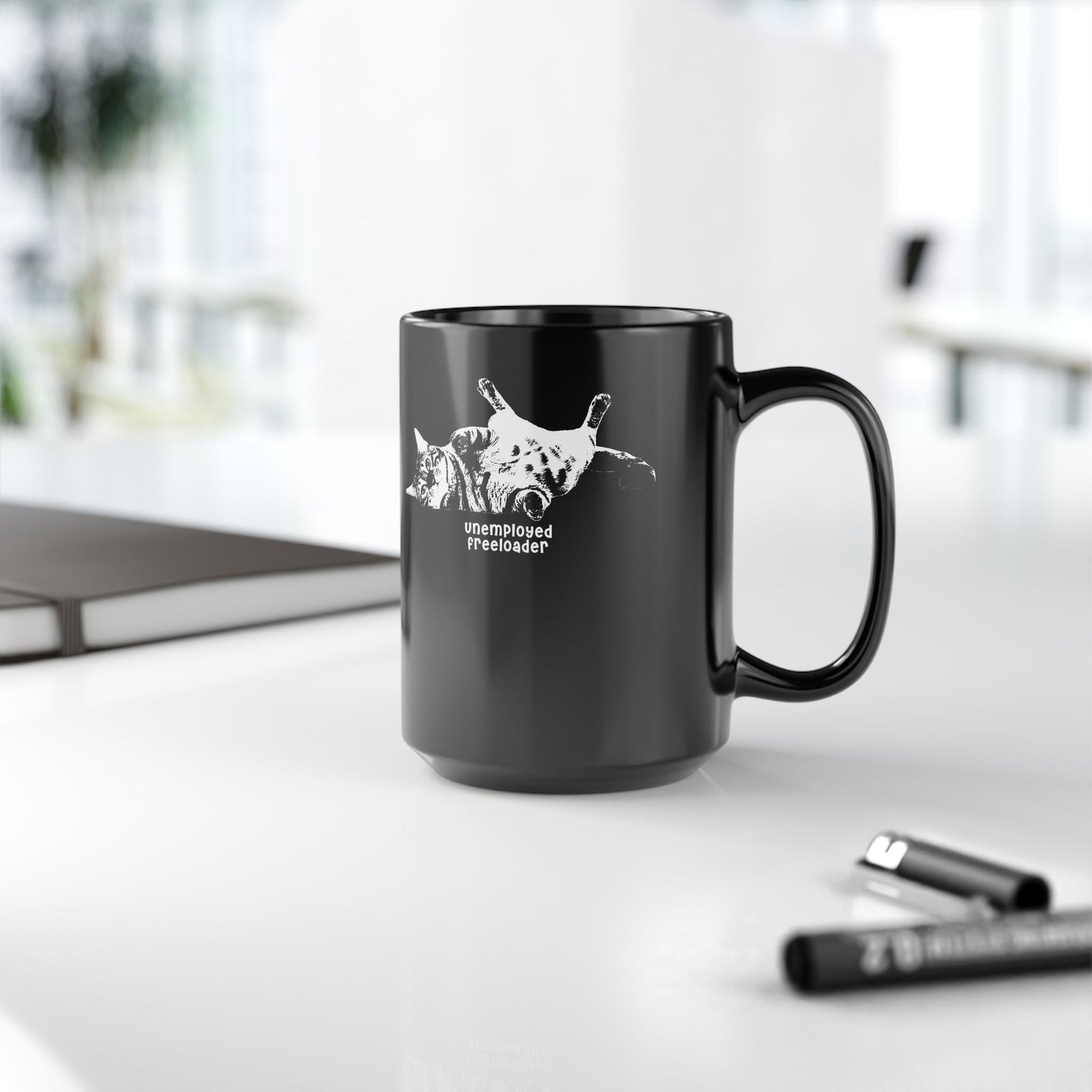 Unemployed Freeloader Cat Black Mug — Funny Lazy Cat Graphic Mug