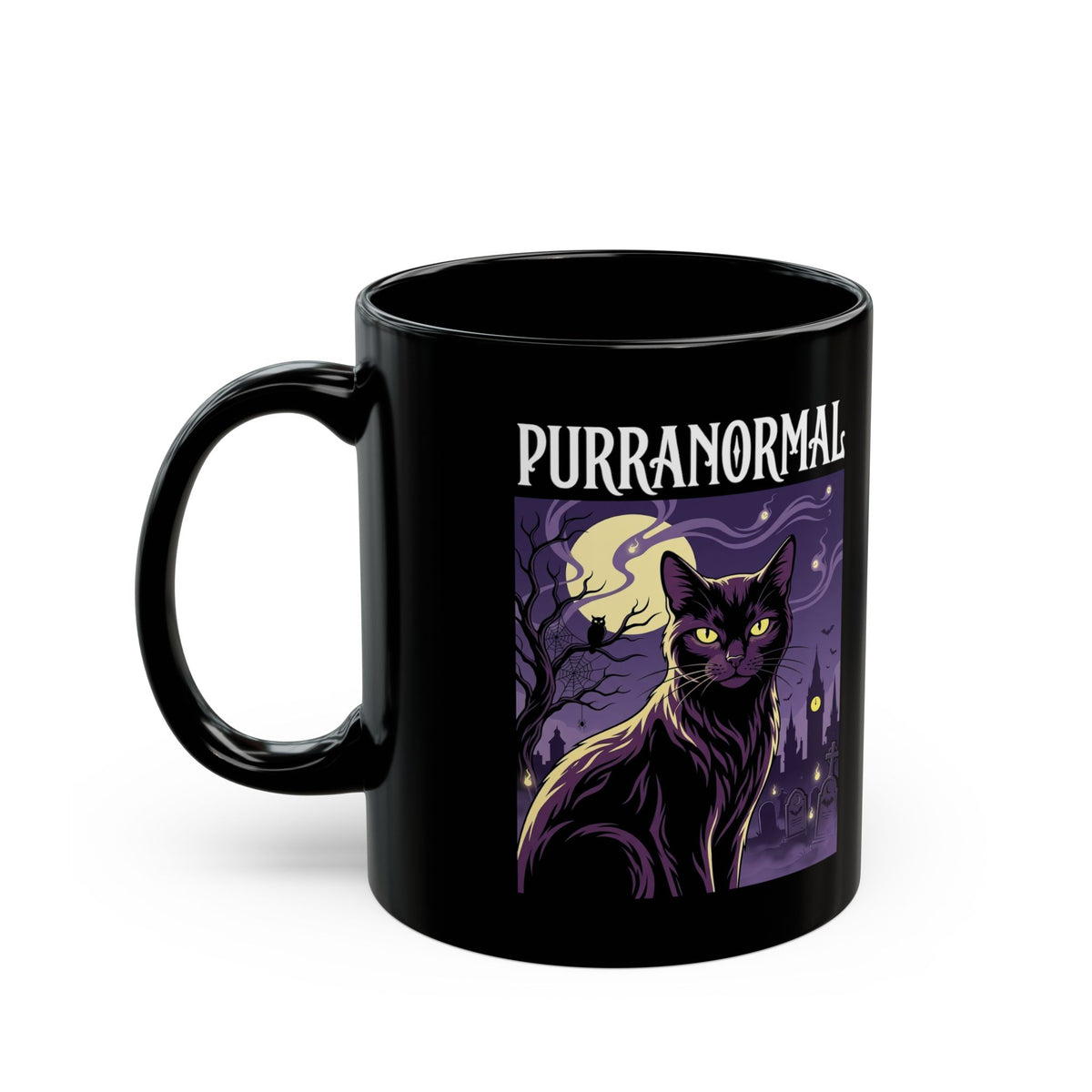 Purranormal Cat Black Mug — Paranormal Cat Spooky Cat Graphic Mug