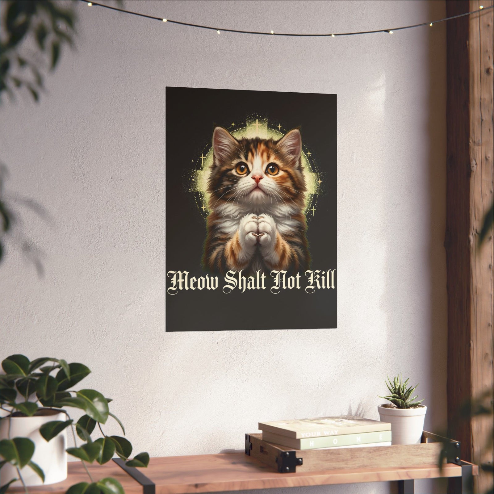 Praying Kitten T‑Poster — "Meow Shalt Not Kill" Cute Vintage Cat Poster