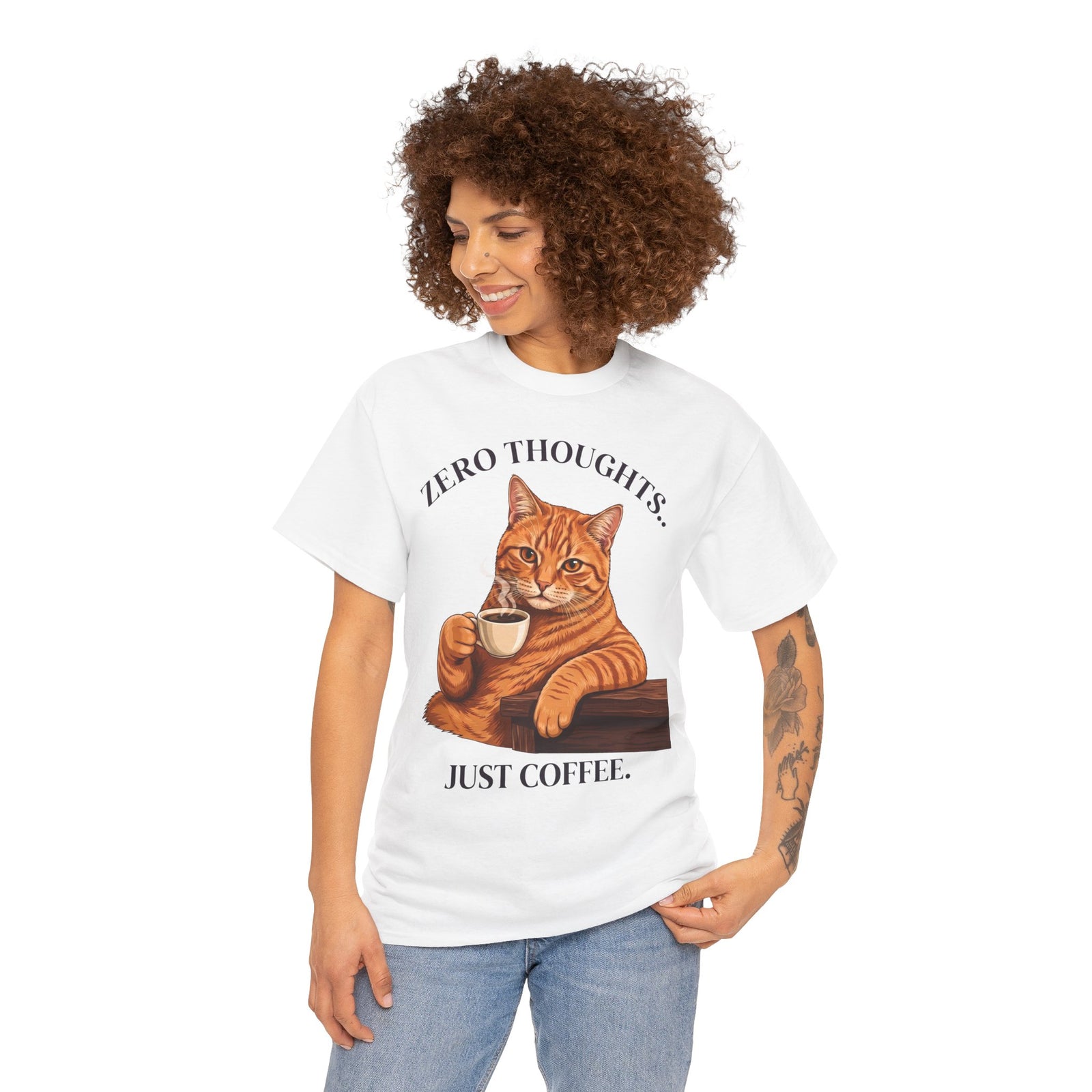 Zero Thoughts Just Coffee T-Shirt — Funny Orange Cat Morning Tee
