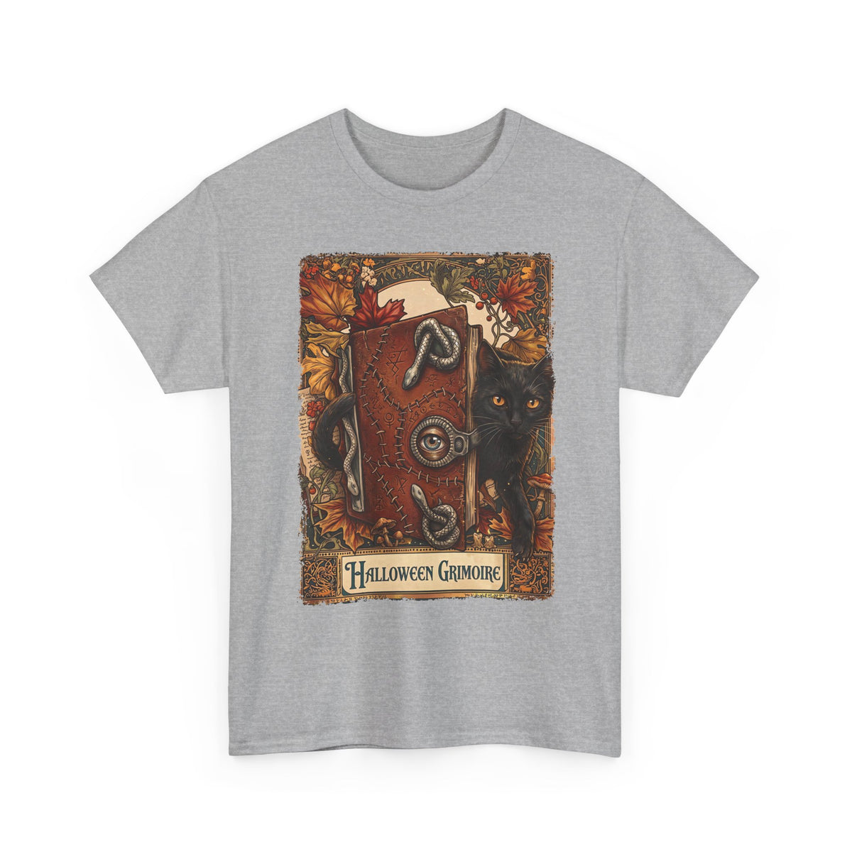 Halloween Grimoire Spellbook Black Cat T-Shirt — Witchy Autumn Magic Tee