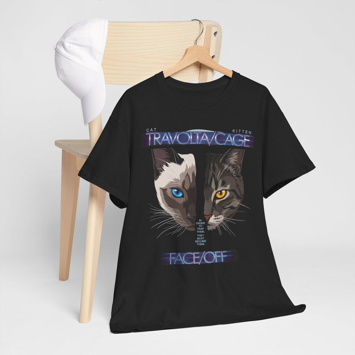 Face/Off Cat Tee — "Travolta/Cage" Split-Face Retro Movie Parody T-Shirt
