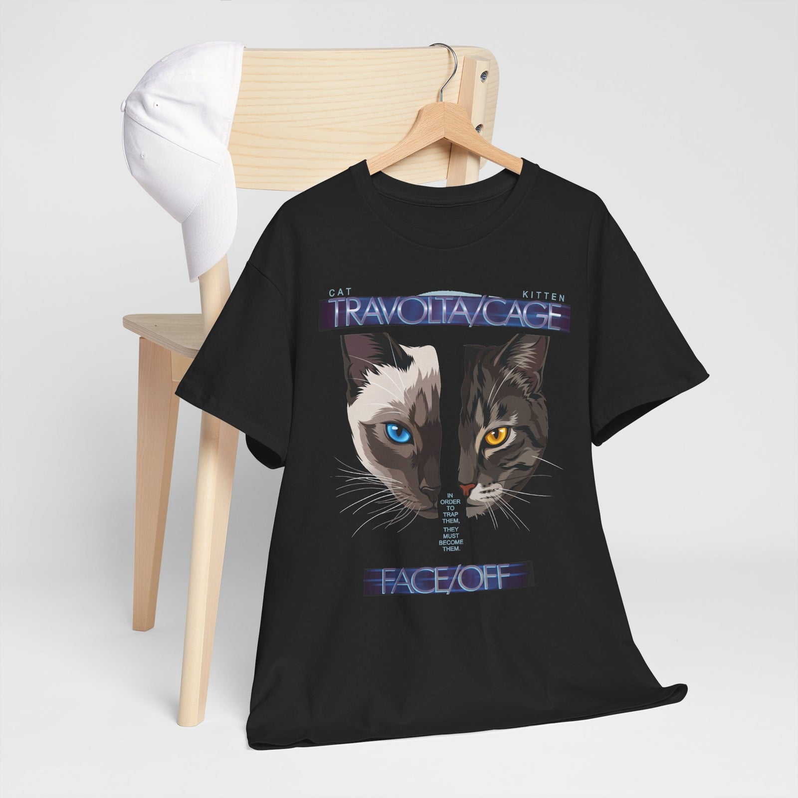Face/Off Cat Tee — "Travolta/Cage" Split-Face Retro Movie Parody T-Shirt