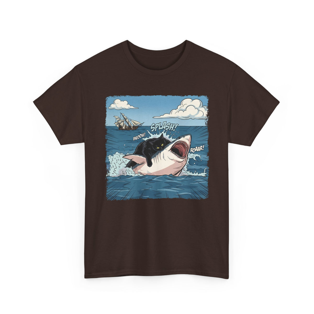 Black Cat Vs White Shark T-Shirt — Funny Comic Book Ocean Battle Tee