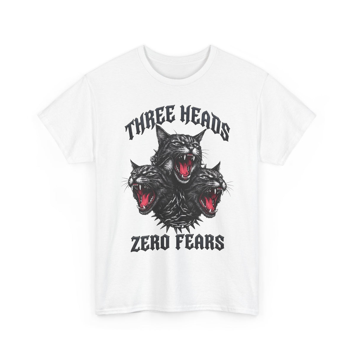 Three Heads Zero Fears Cerberus Cat Shirt — Gothic Metal Feline T-Shirt