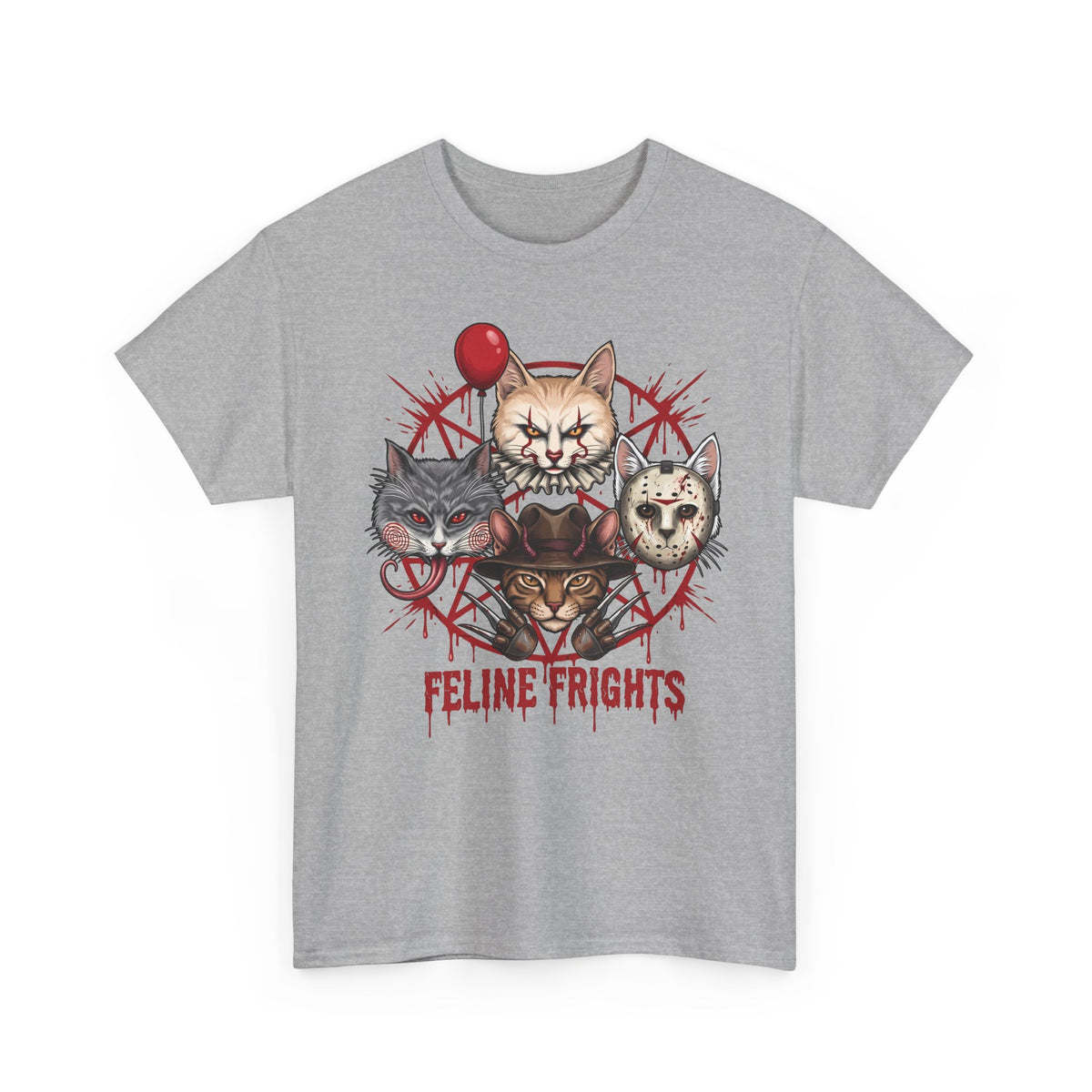 Funny Feline Frights T-Shirt — Slasher Movie Icons Cat Parody Apparel