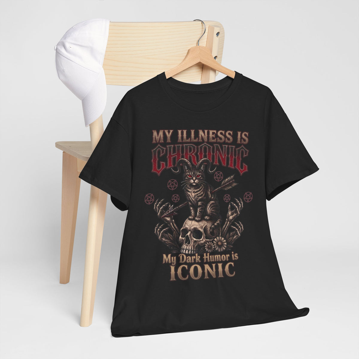 My Illness Is Chronic My Dark Humor Is Iconic T-Shirt — Gothic Horned Cat Tee