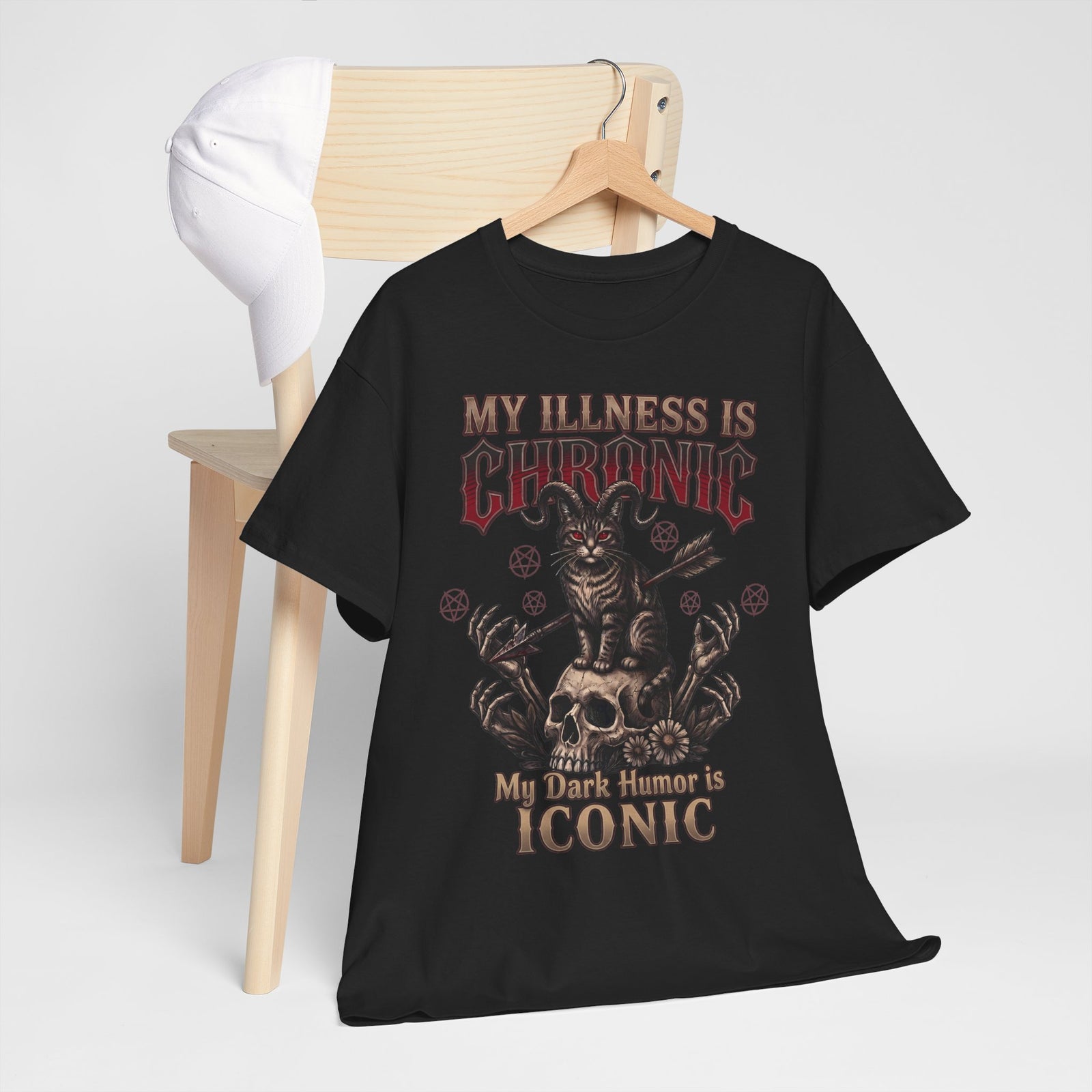 My Illness Is Chronic My Dark Humor Is Iconic T-Shirt — Gothic Horned Cat Tee