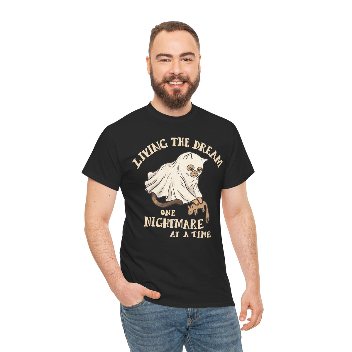 Living The Dream One Nightmare At A Time Ghost Cat — Sarcastic Halloween Art