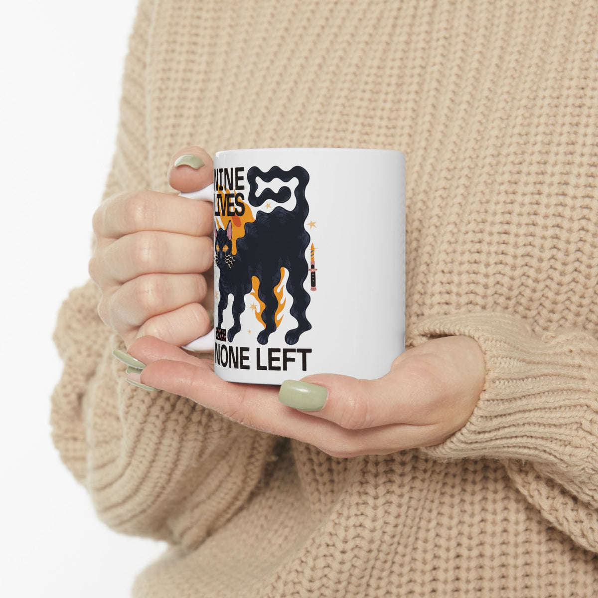 Nine Lives None Left Ceramic Mug — Edgy Spooky Black Cat Graphic Mug