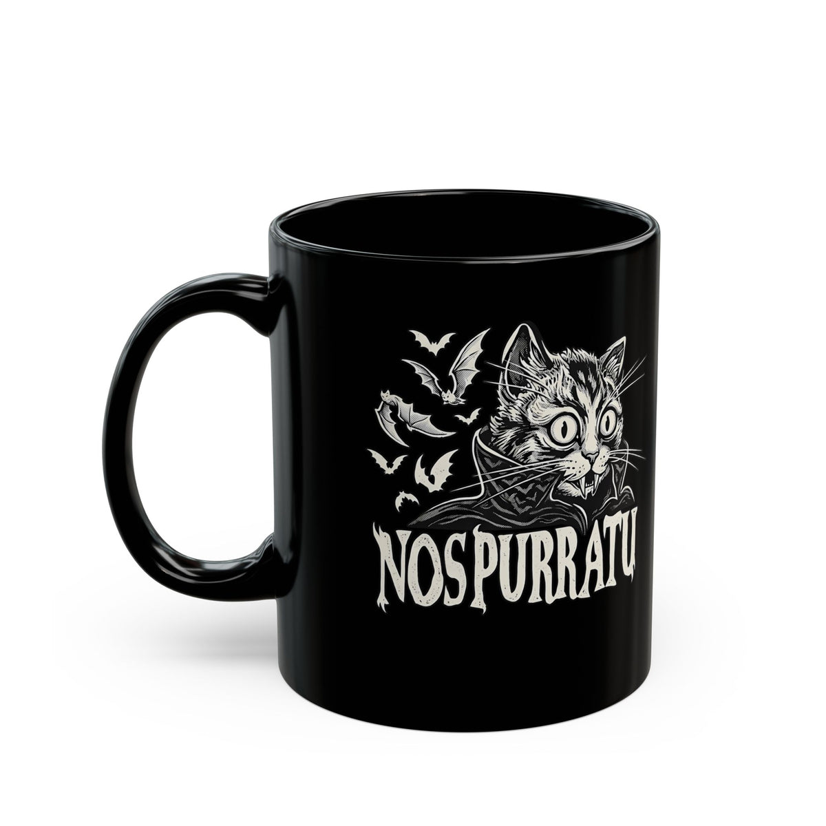 Nosferatu Cat Black Mug — "Nospurratu Cat Nosferatu" Gothic Vampire Cat Mug