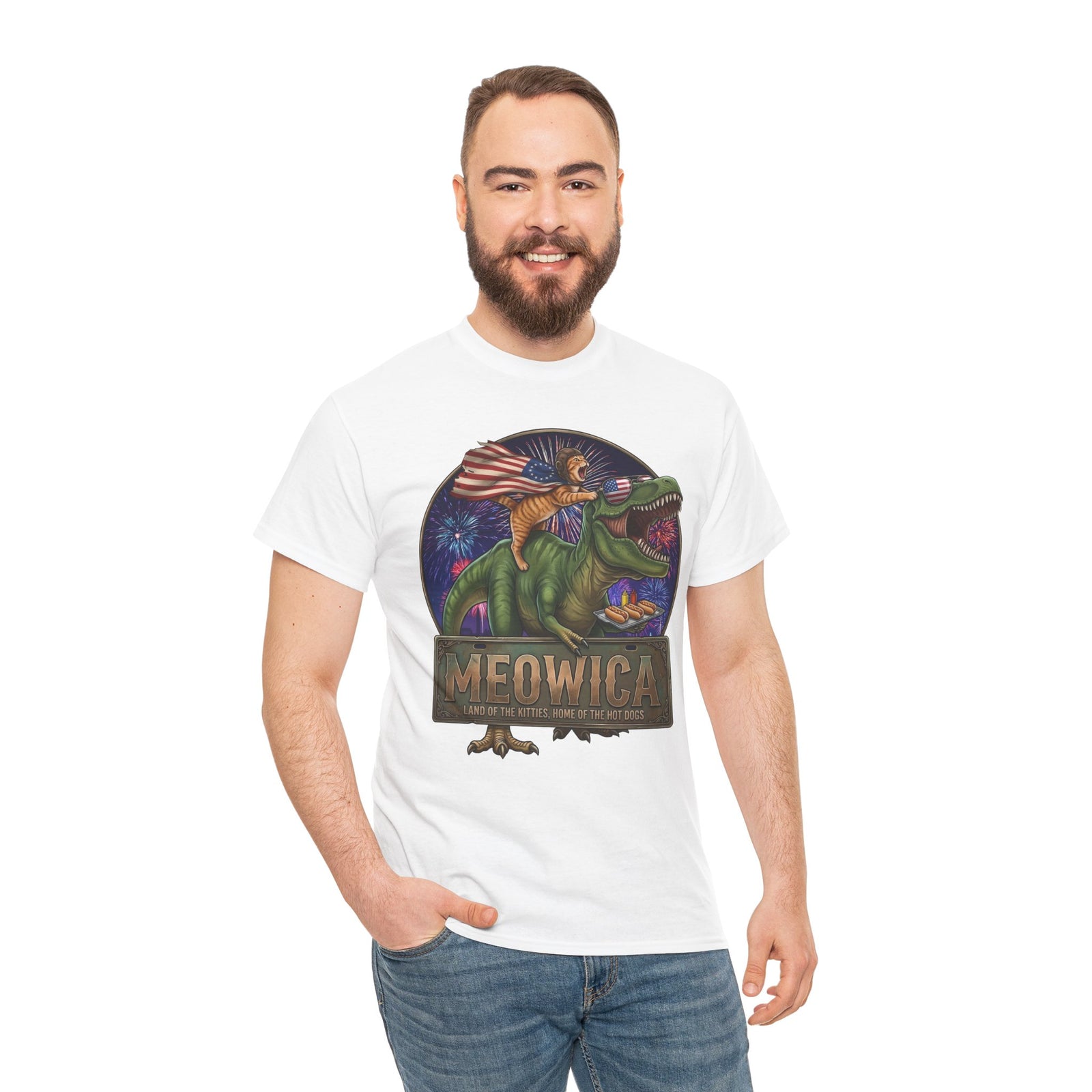 4th of July Cat Riding T‑Rex T‑Shirt "Meowica: Land of the Kitties" Patriotic Graphic