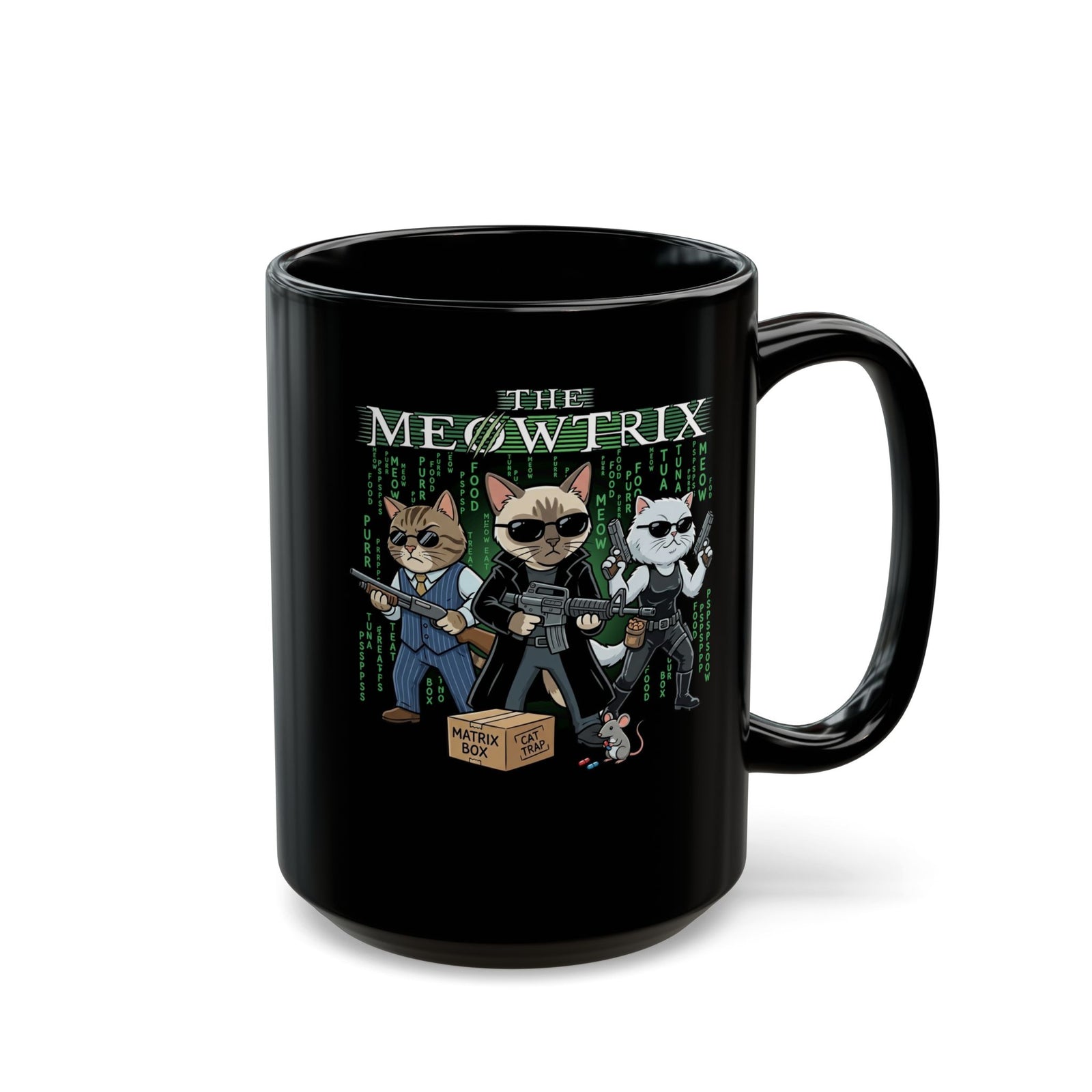The Meowtrix Cat Movie Parody Black Mug