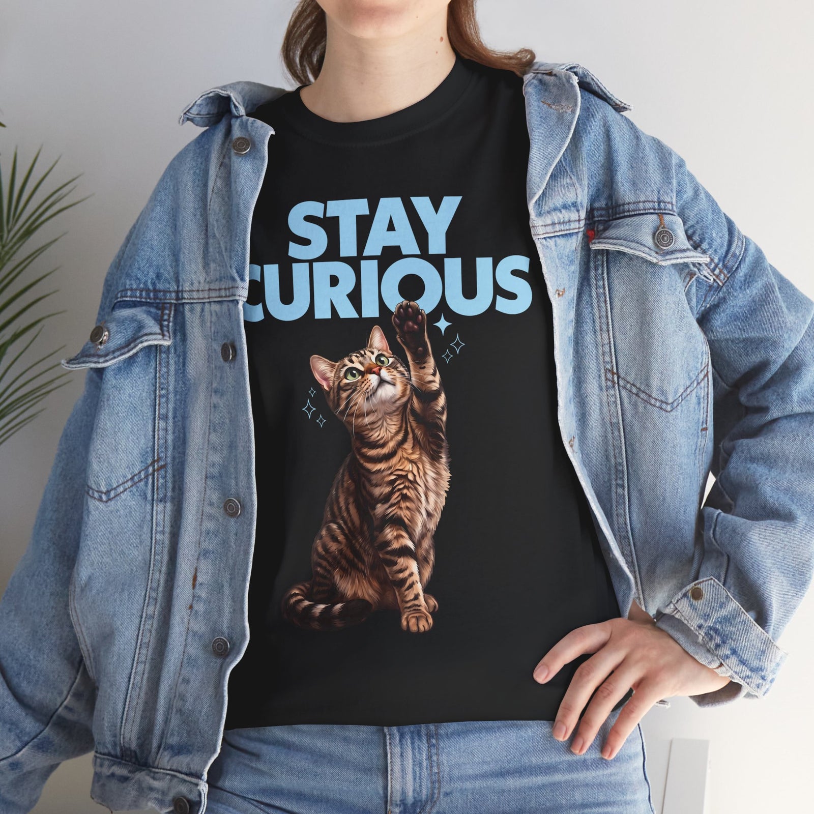 Stay Curious Tabby Cat T-Shirt — Cute Reaching Feline Graphic Tee