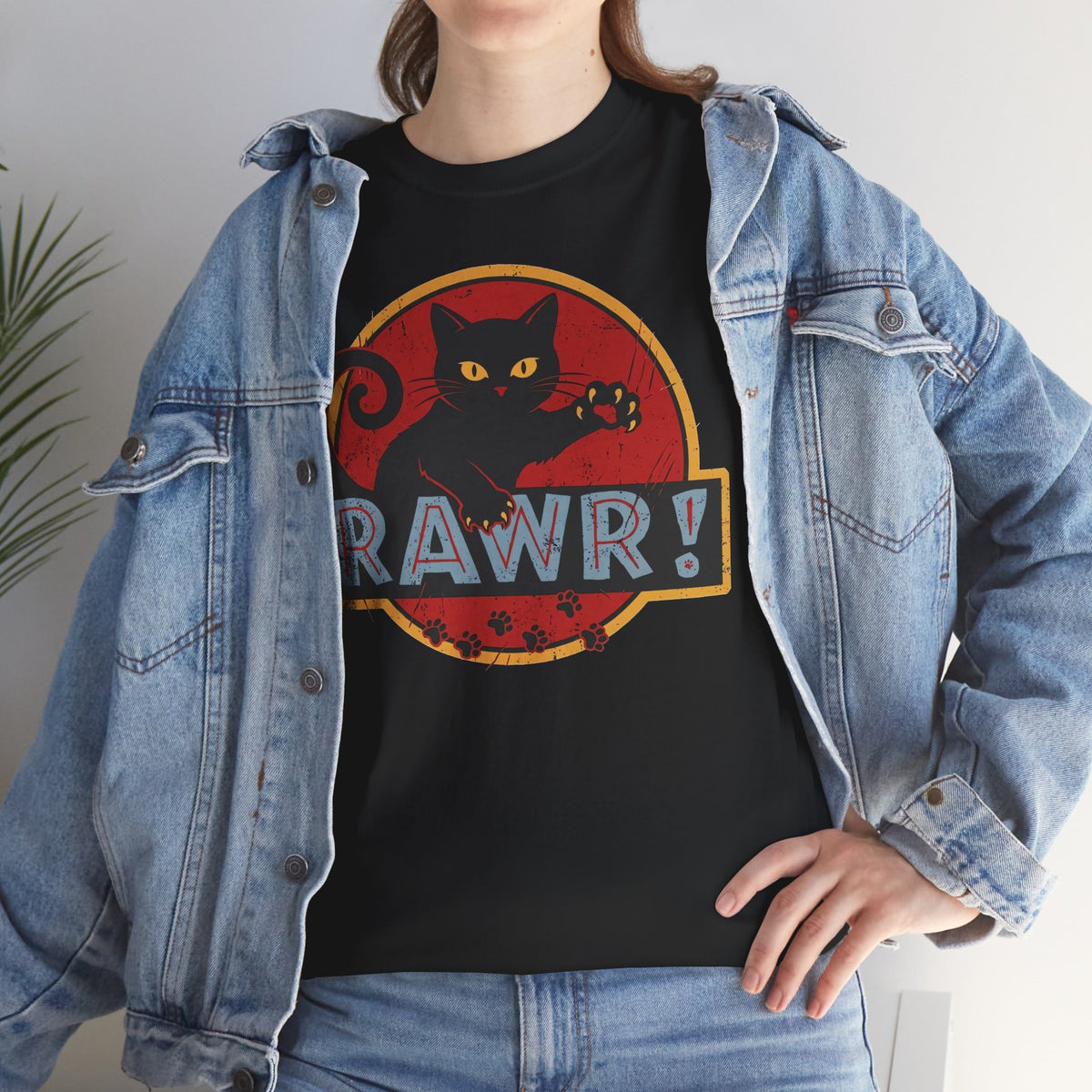 RAWR! Black Cat Graphic Tee — Vintage Dino Logo Parody T-Shirt