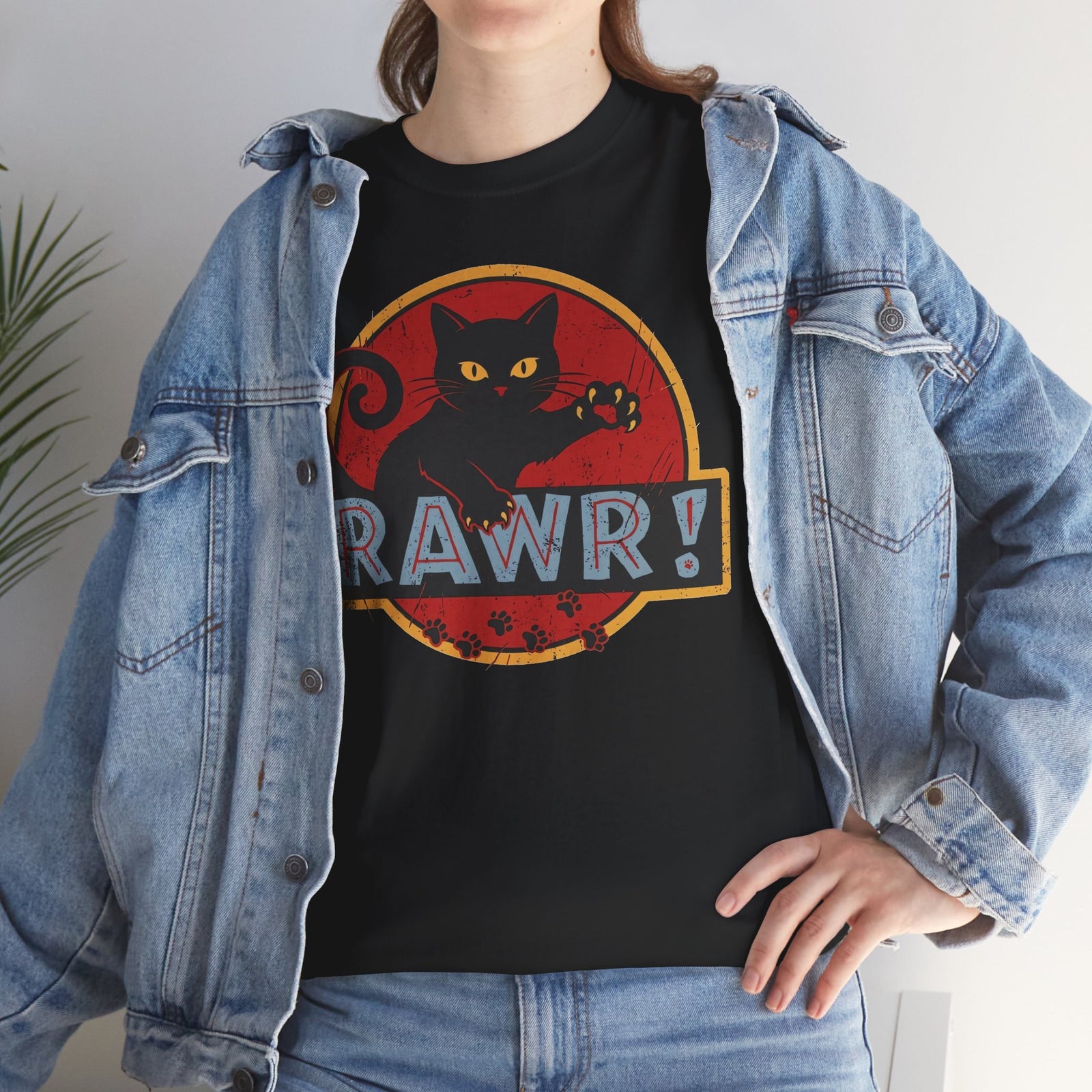 RAWR! Black Cat Graphic Tee — Vintage Dino Logo Parody T-Shirt