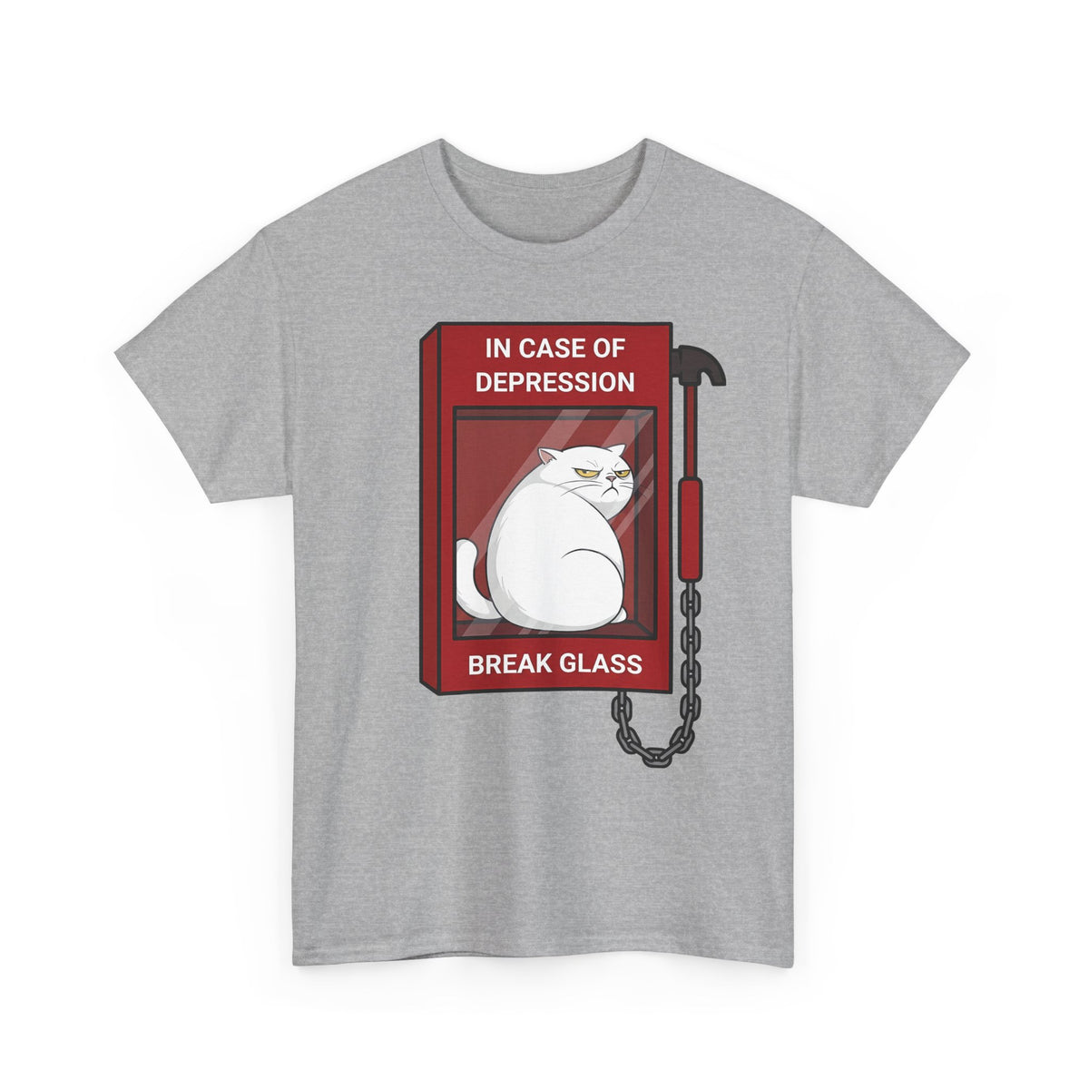 In Case Of Depression Break Glass T-Shirt — Funny Grumpy White Cat Emergency Tee