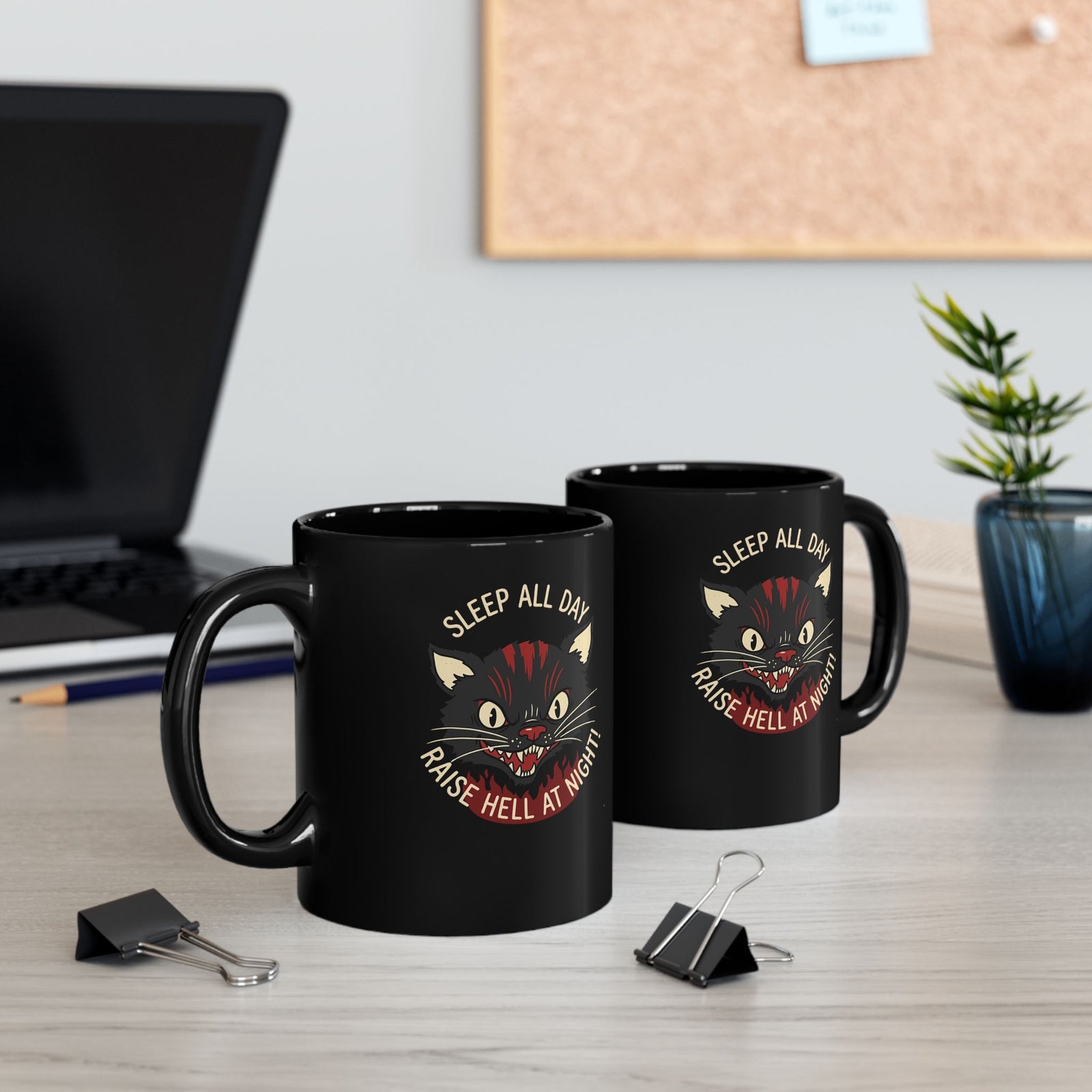 Funny Cat 'Sleep All Day, Raise Hell At Night' Black Mug