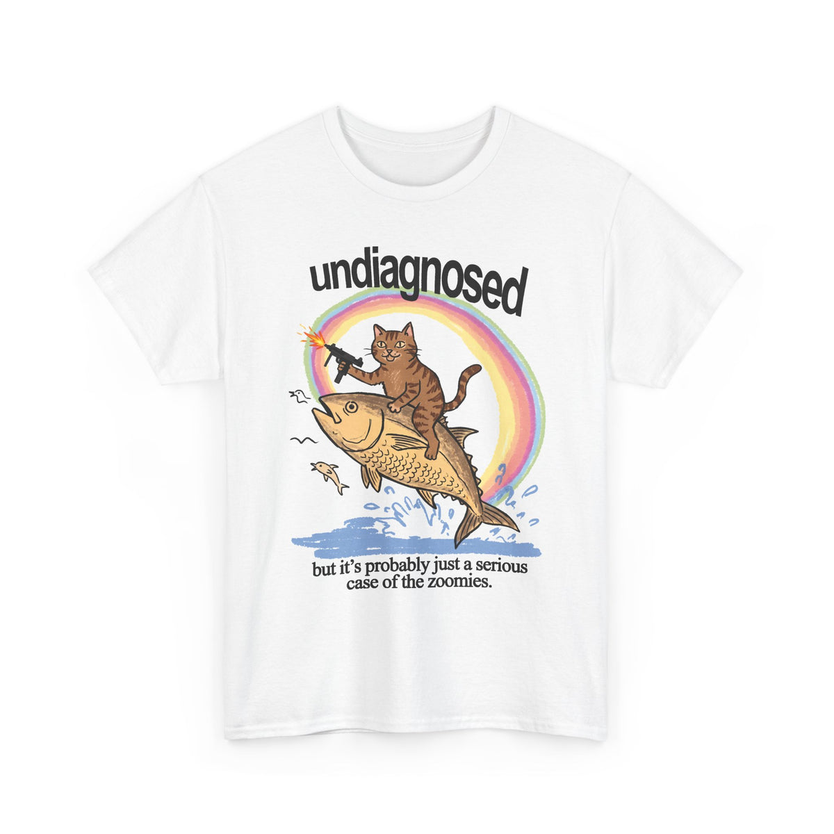 Undiagnosed Case Of The Zoomies T-Shirt — Machine Gun Cat Riding Fish Tee