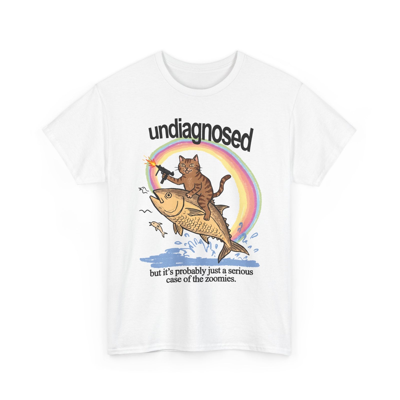 Undiagnosed Case Of The Zoomies T-Shirt — Machine Gun Cat Riding Fish Tee