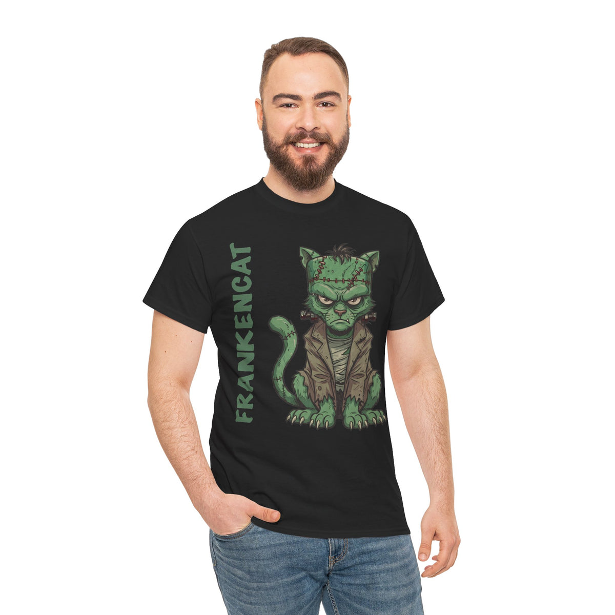 Funny Frankencat Halloween T-Shirt — Green Monster Cat Graphic Apparel