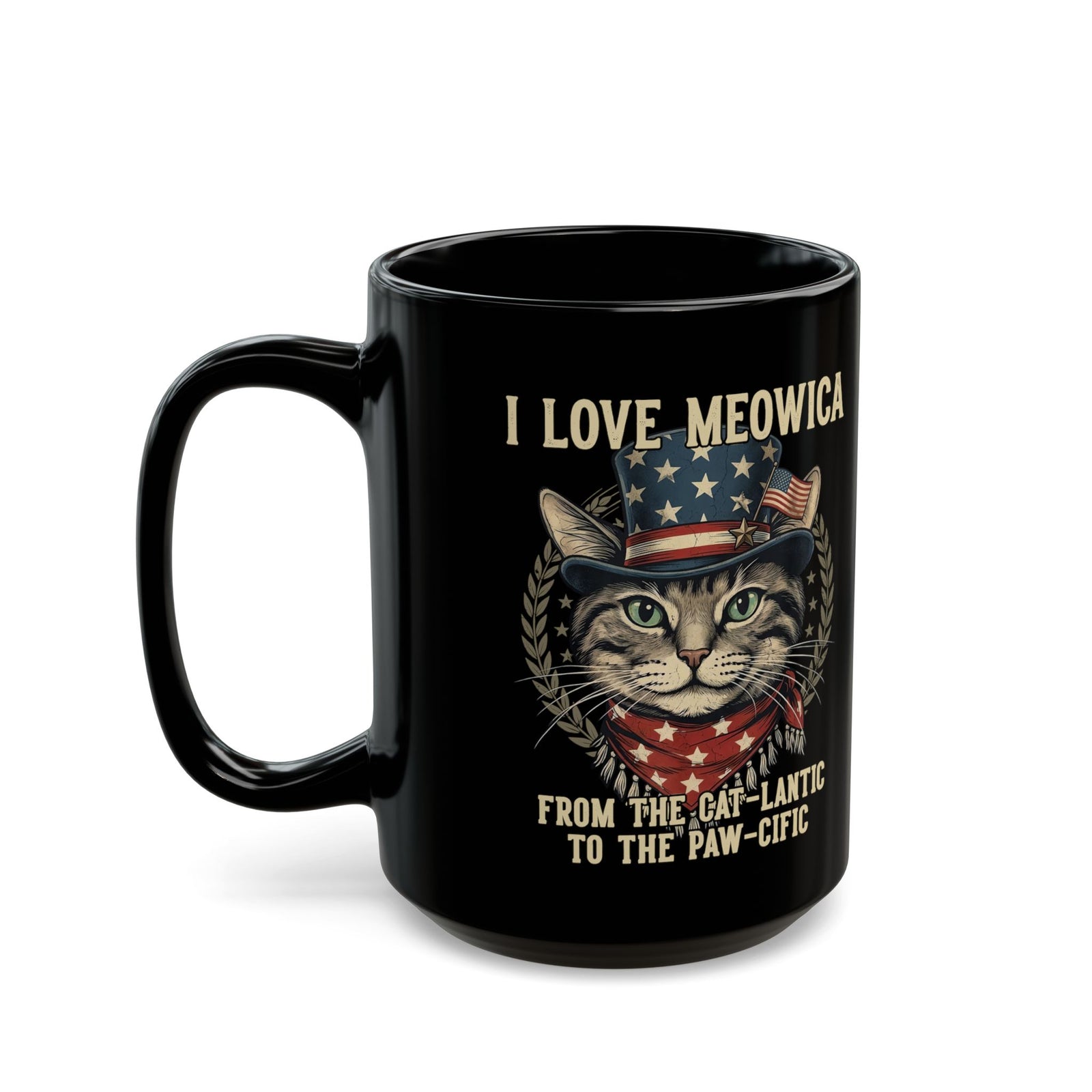 I Love MEOWICA Cat Black Mug — From the Cat-lantic to the Paw-cific