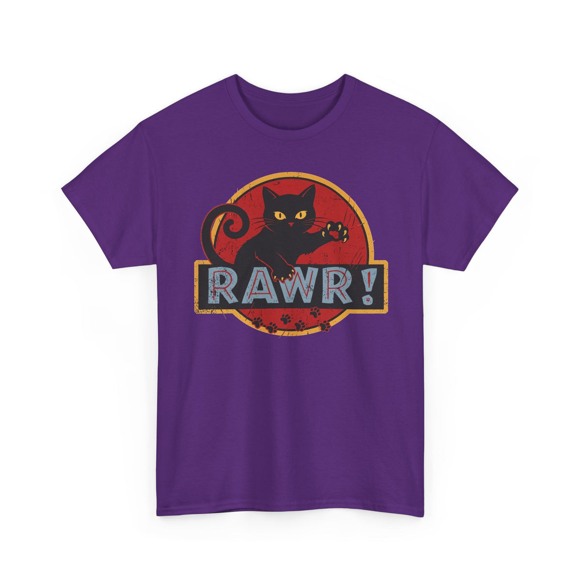 RAWR! Black Cat Graphic Tee — Vintage Dino Logo Parody T-Shirt