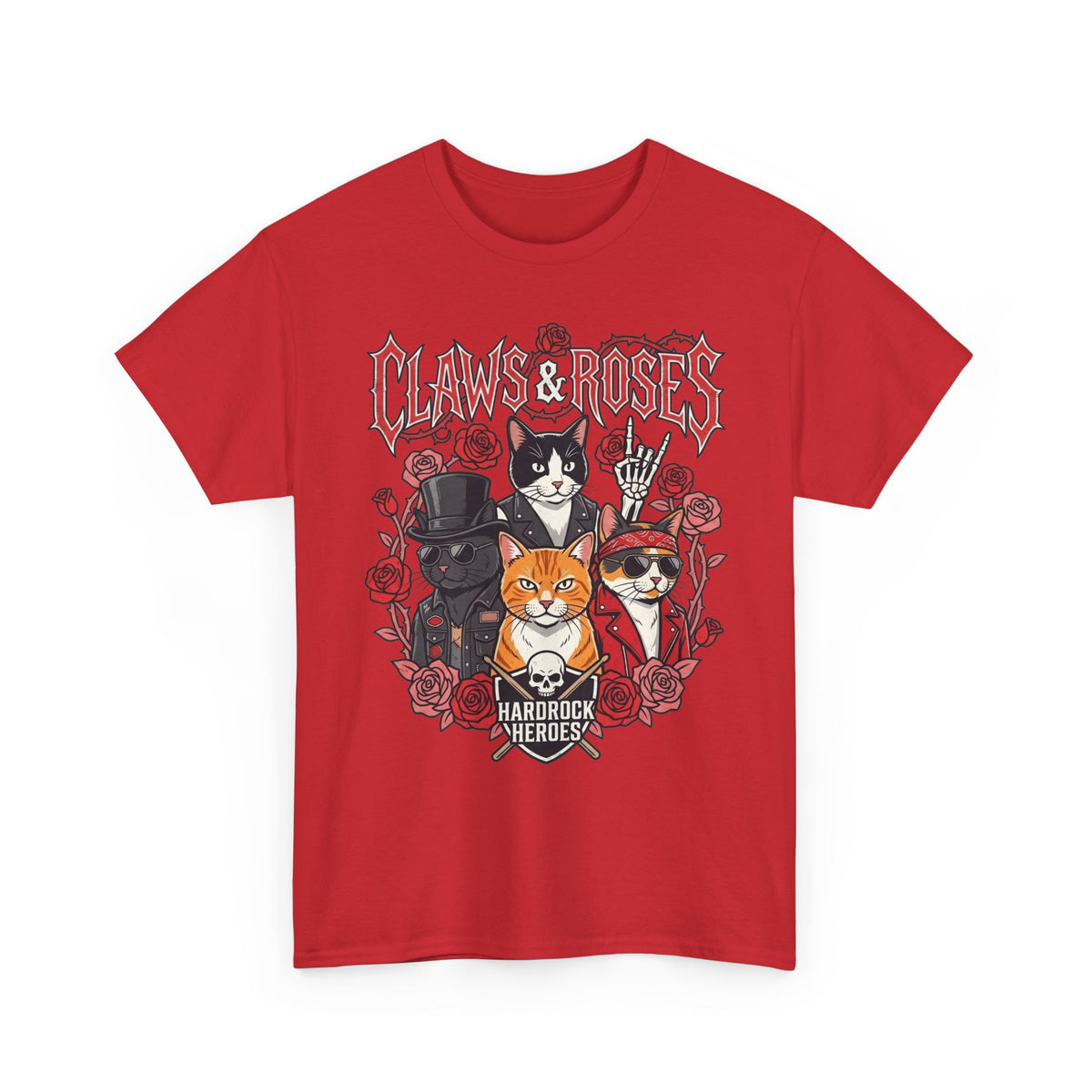 Claws & Roses Cat Band Tee - Rock 'N' Roll Feline Graphic T-Shirt