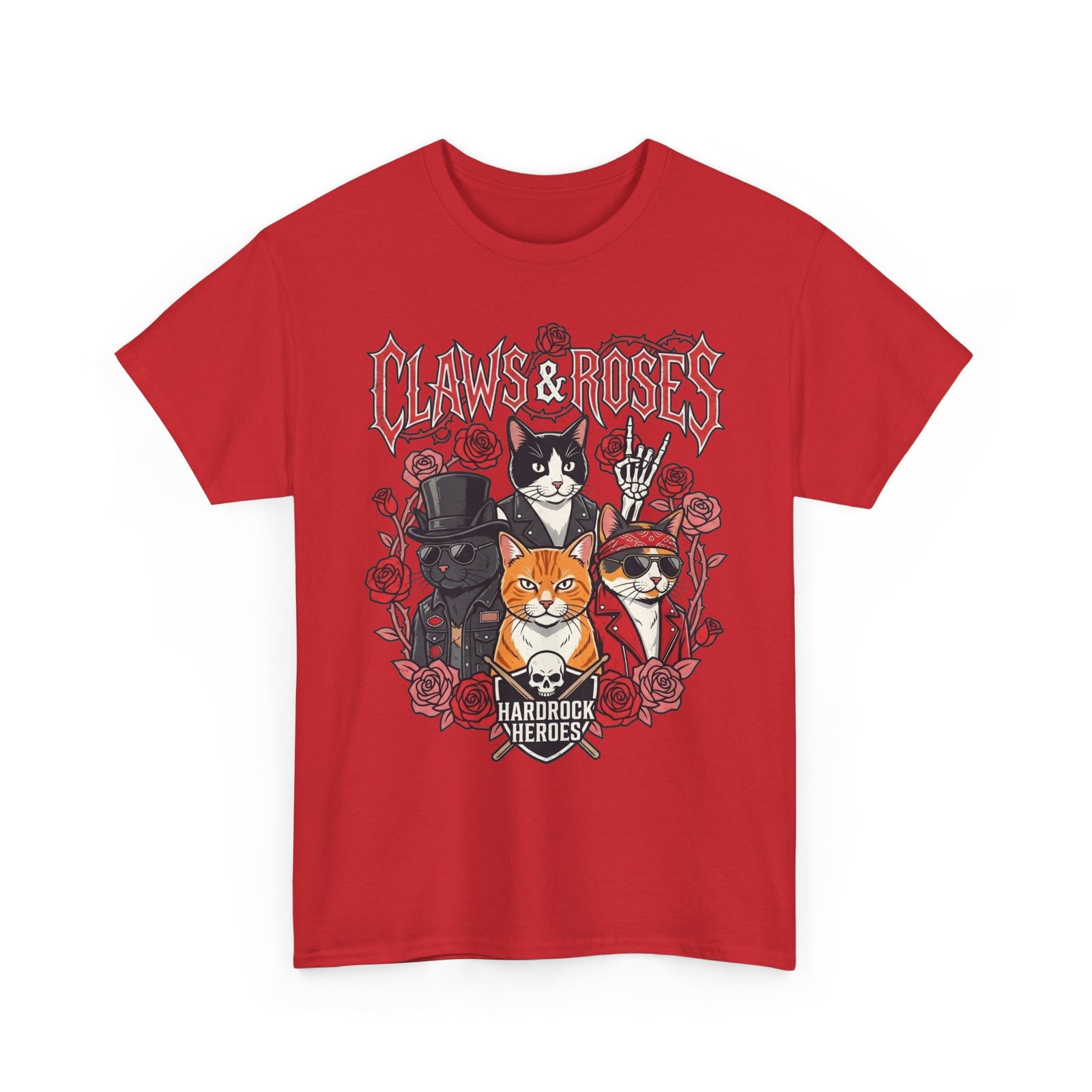 Claws & Roses Cat Band Tee - Rock 'N' Roll Feline Graphic T-Shirt