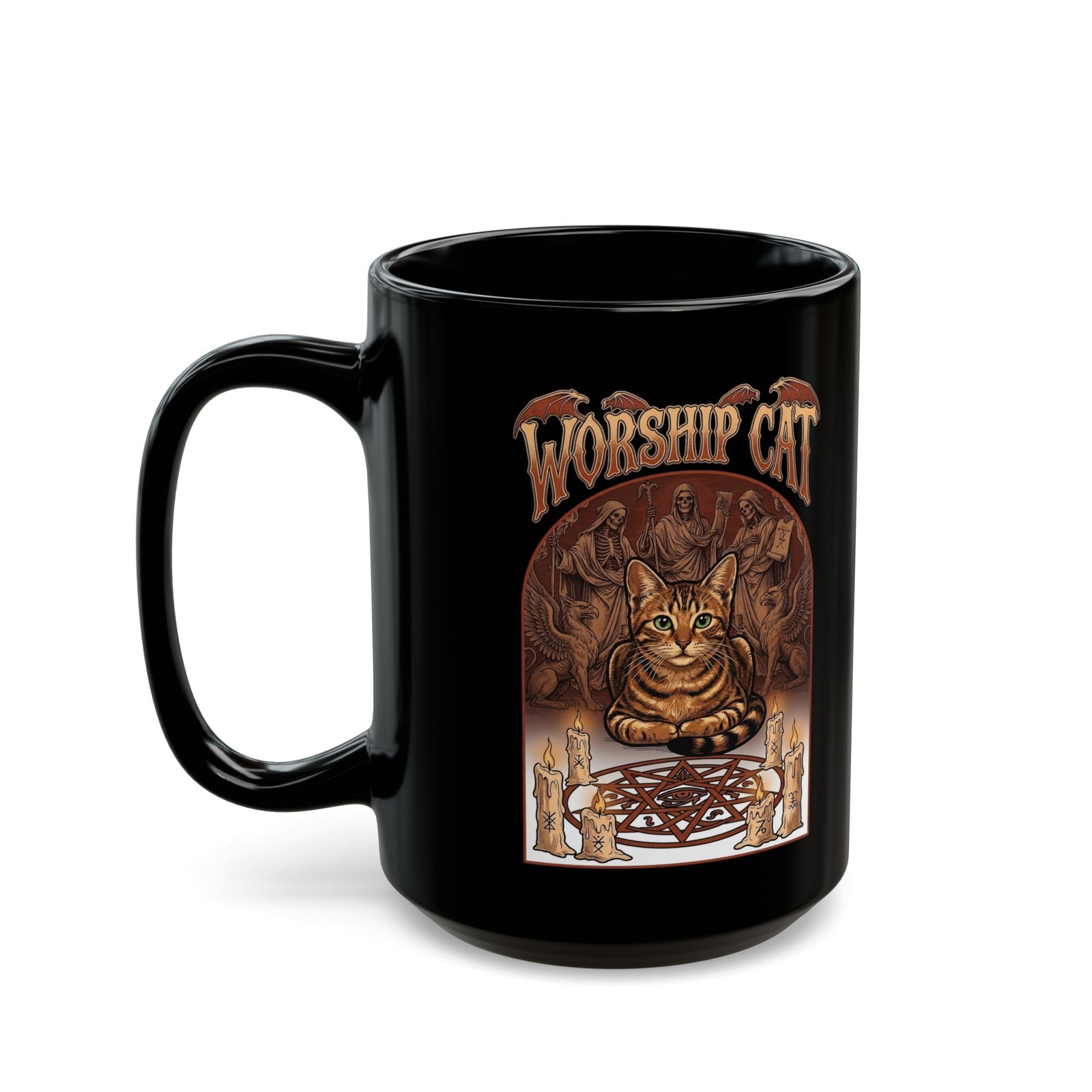 Worship Cat Black Mug — Cute Cat Faith Graphic Mug