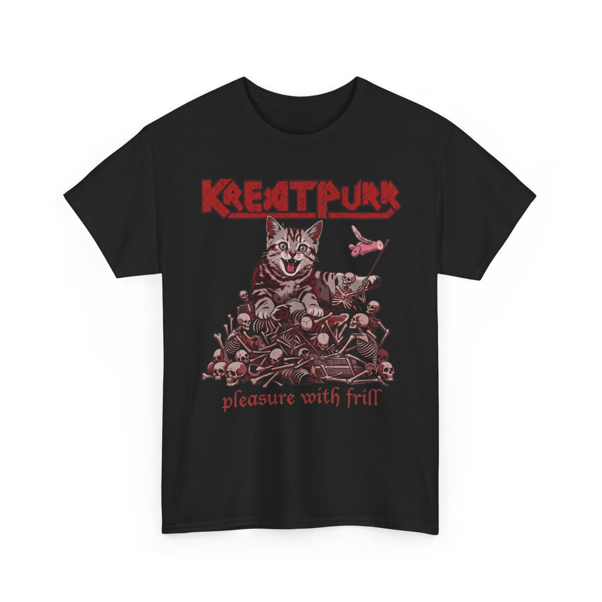 Metal Band Cat Tee — "Krentipurr: Pleasure With Frill" Graphic T-Shirt