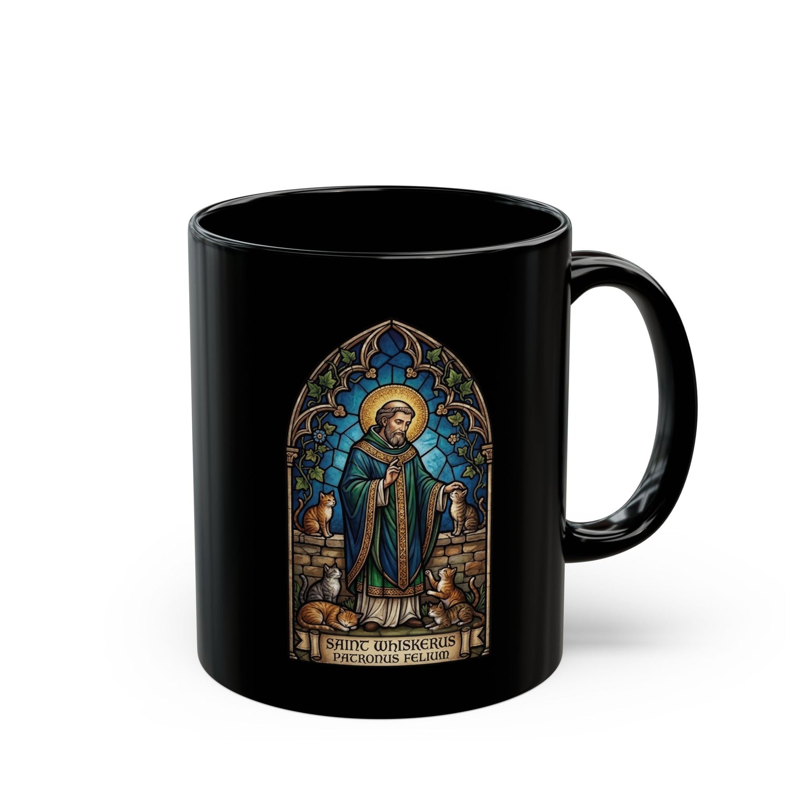 Patronus Felium 'Saint Whiskerus' Black Mug