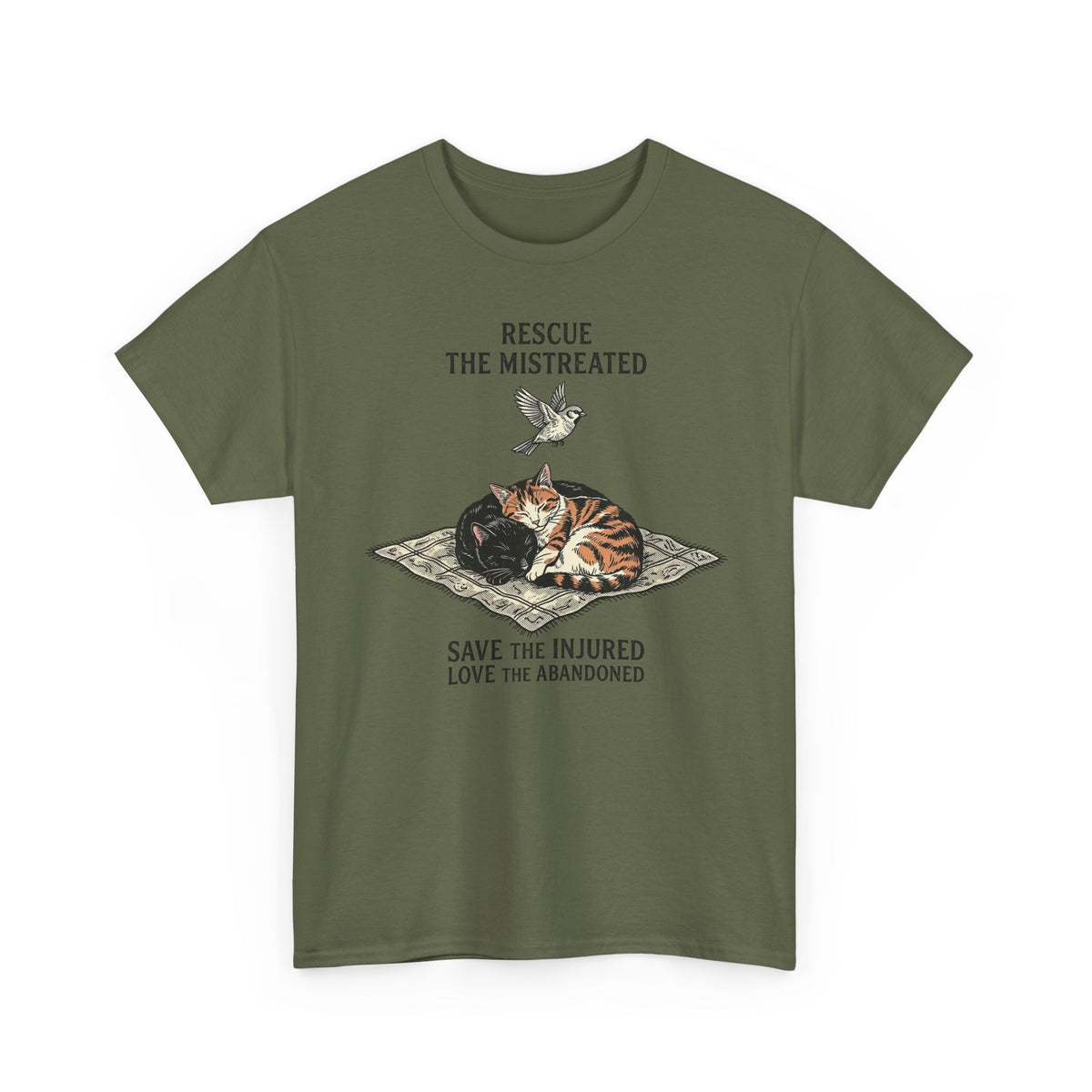 Cat Lover T-Shirt — "Rescue the Mistreated, Save the Injured, Love the Abandoned" Rescue Cat Tee