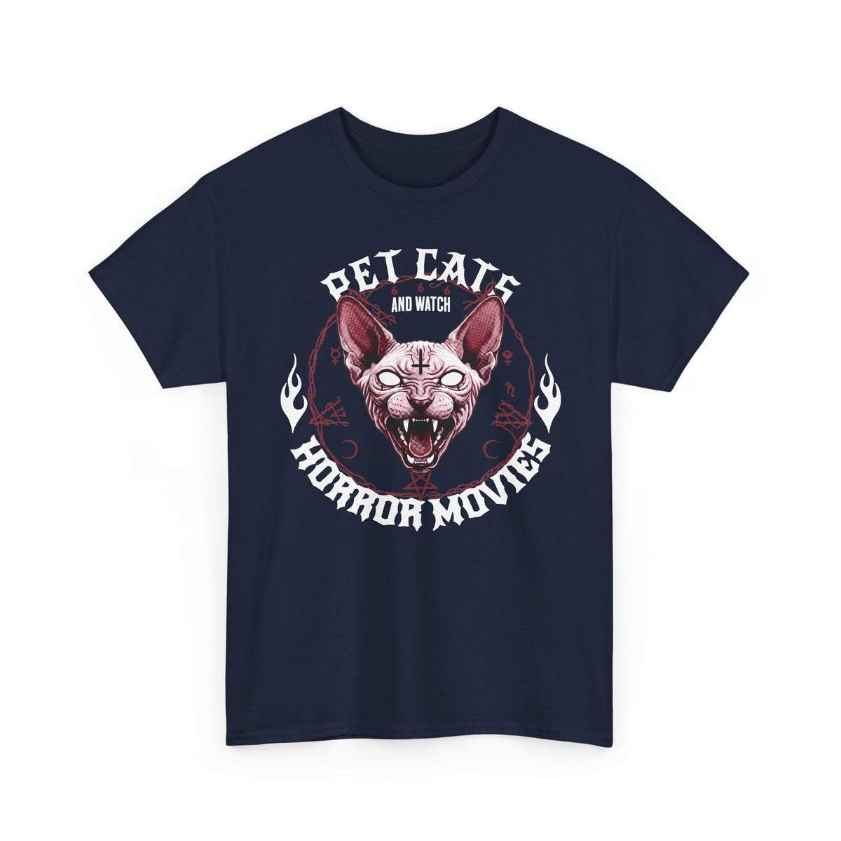Pet Cats And Watch Horror Movies T-Shirt — Demonic Sphynx Cat Occult Tee