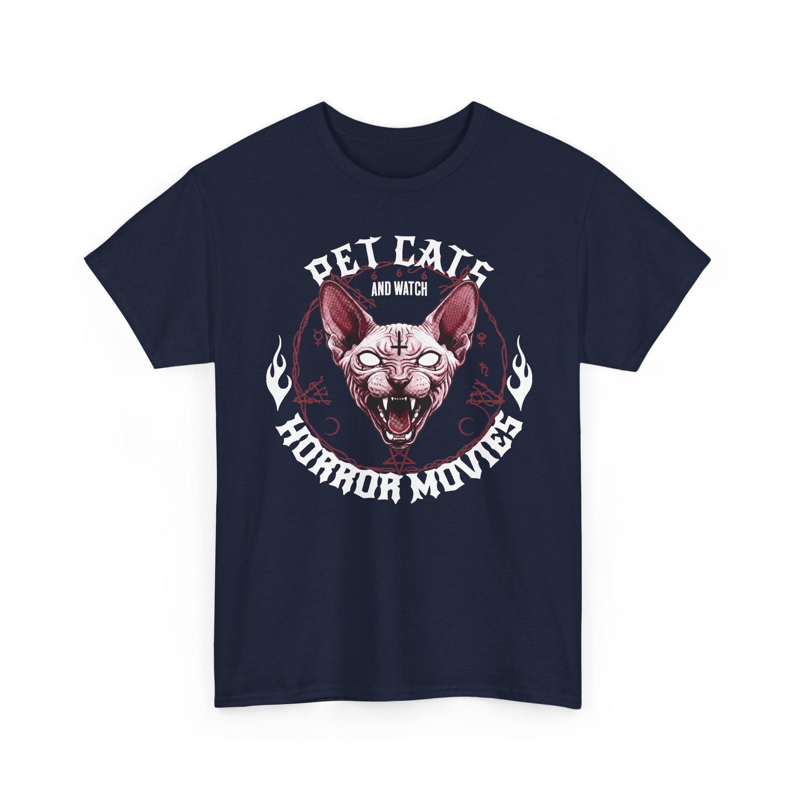 Pet Cats And Watch Horror Movies T-Shirt — Demonic Sphynx Cat Occult Tee