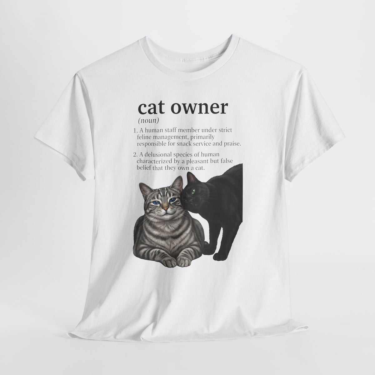 Cat Owner Definition T‑Shirt — Cute Tabby & Black Cat Graphic Tee for Cat Lovers