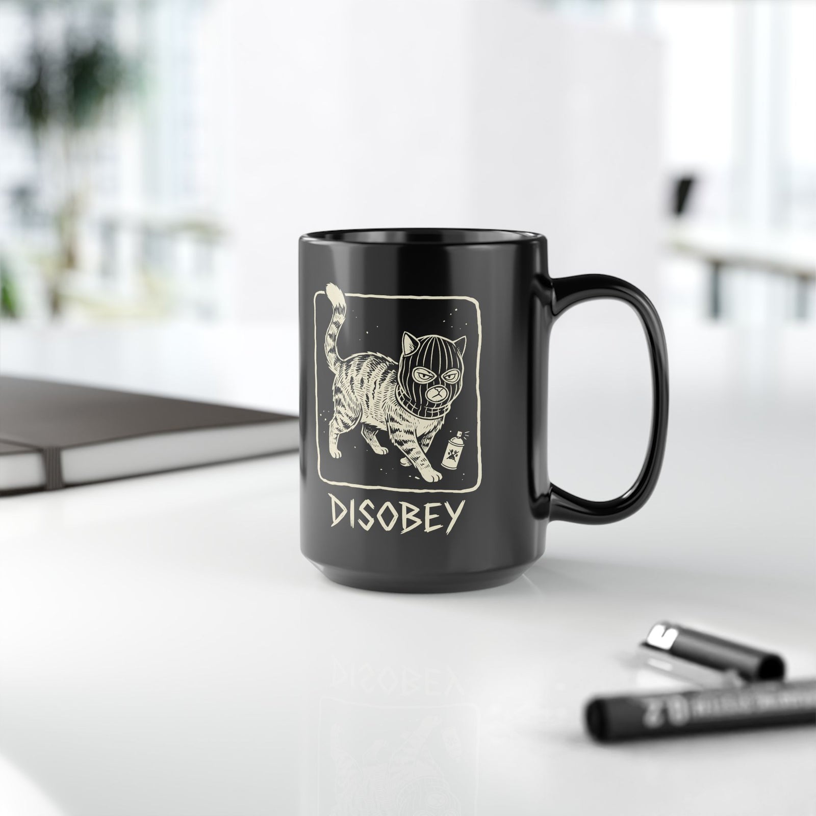Cat Disobey Black Mug — Funny Rebellious Cat Mug for Cat Lovers