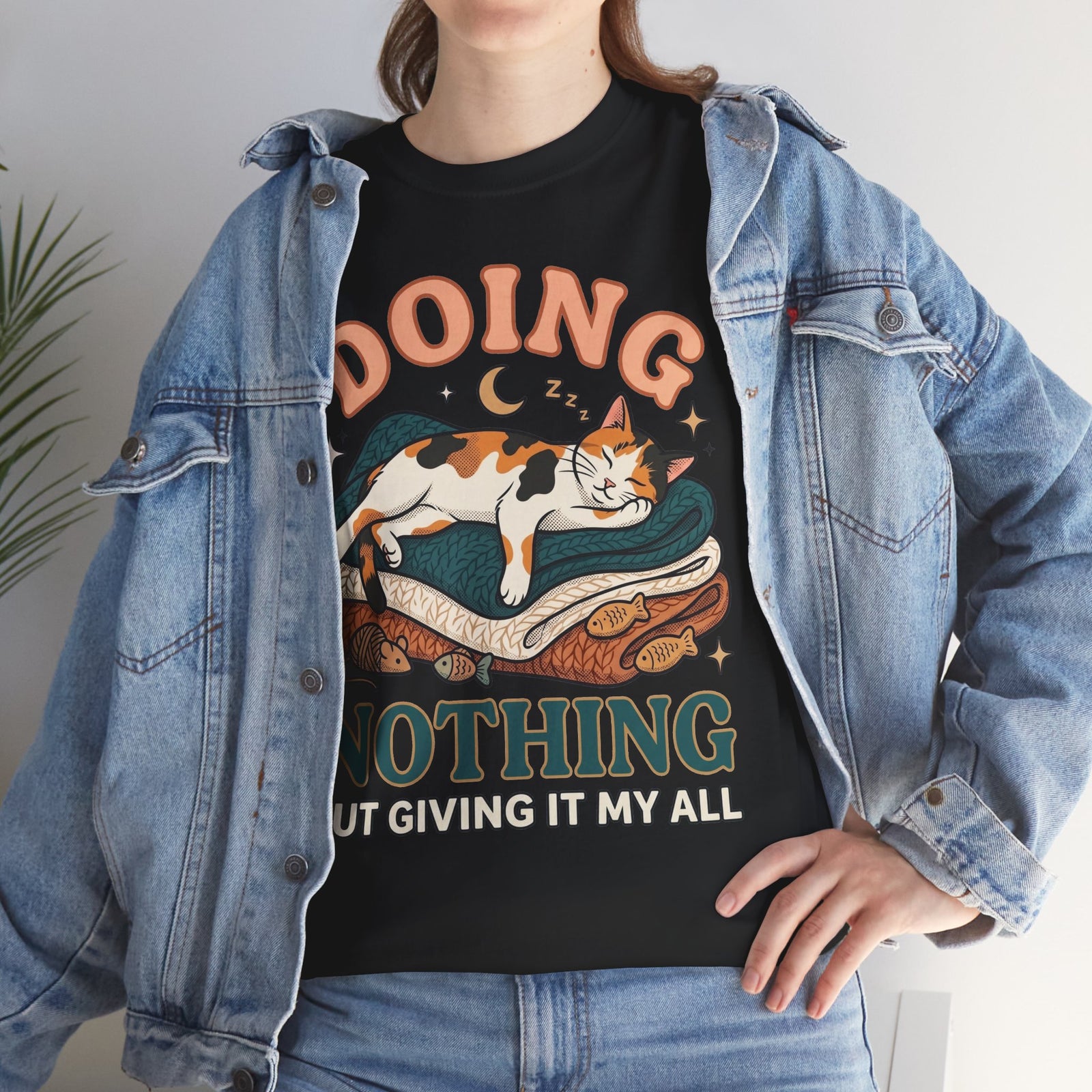 Doing Nothing Cat T‑Shirt Retro Calico Cat “Doing Nothing But Giving It My All” Graphic Tee