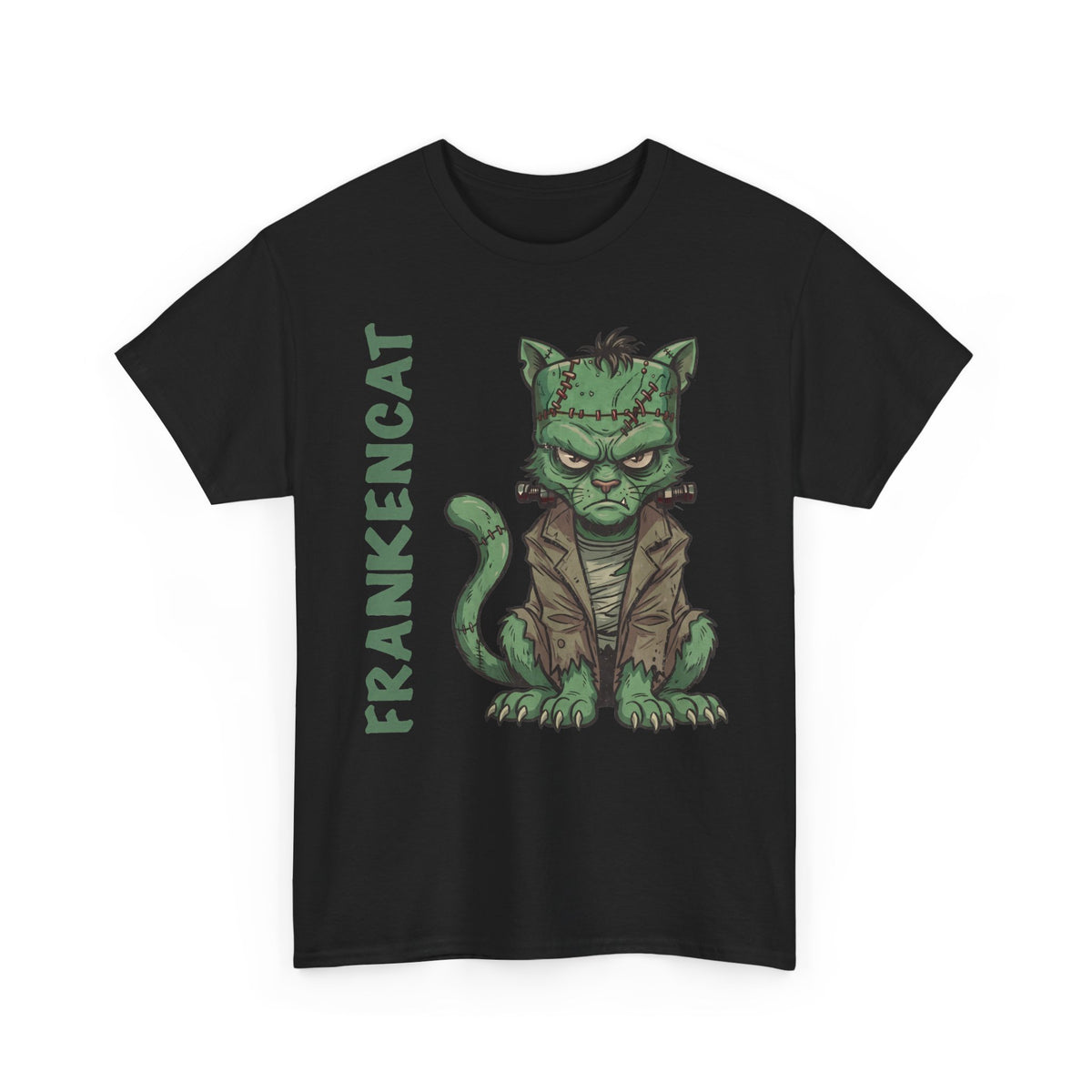 Funny Frankencat Halloween T-Shirt — Green Monster Cat Graphic Apparel