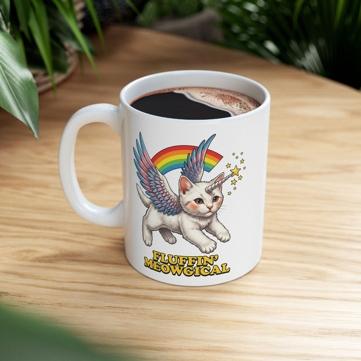 Fluffin' Meowgical Cat Ceramic Mug — Cute Unicorn Kitten Graphic